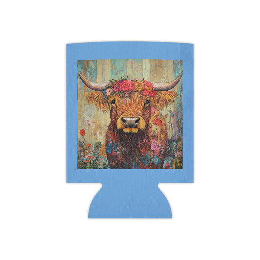 Blooming Highland Cow Can Cooler, Flower Decor, Unique Gift, Farmhouse Style, Outdoor Fun, Party Accessory