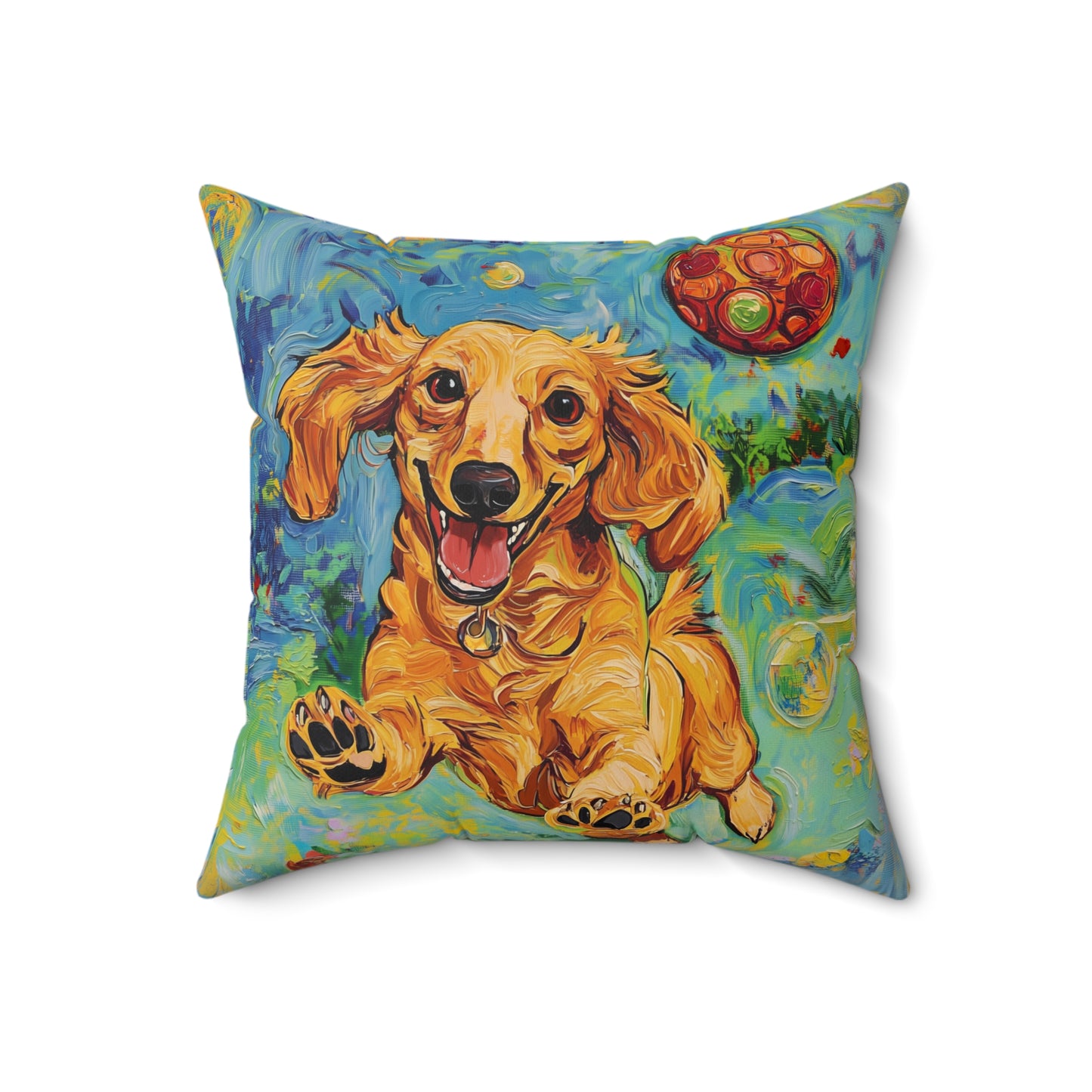 Pickleball Dachshund Pillow | Square Throw Pillow, Colorful Dog Art, Pickleball Puppies