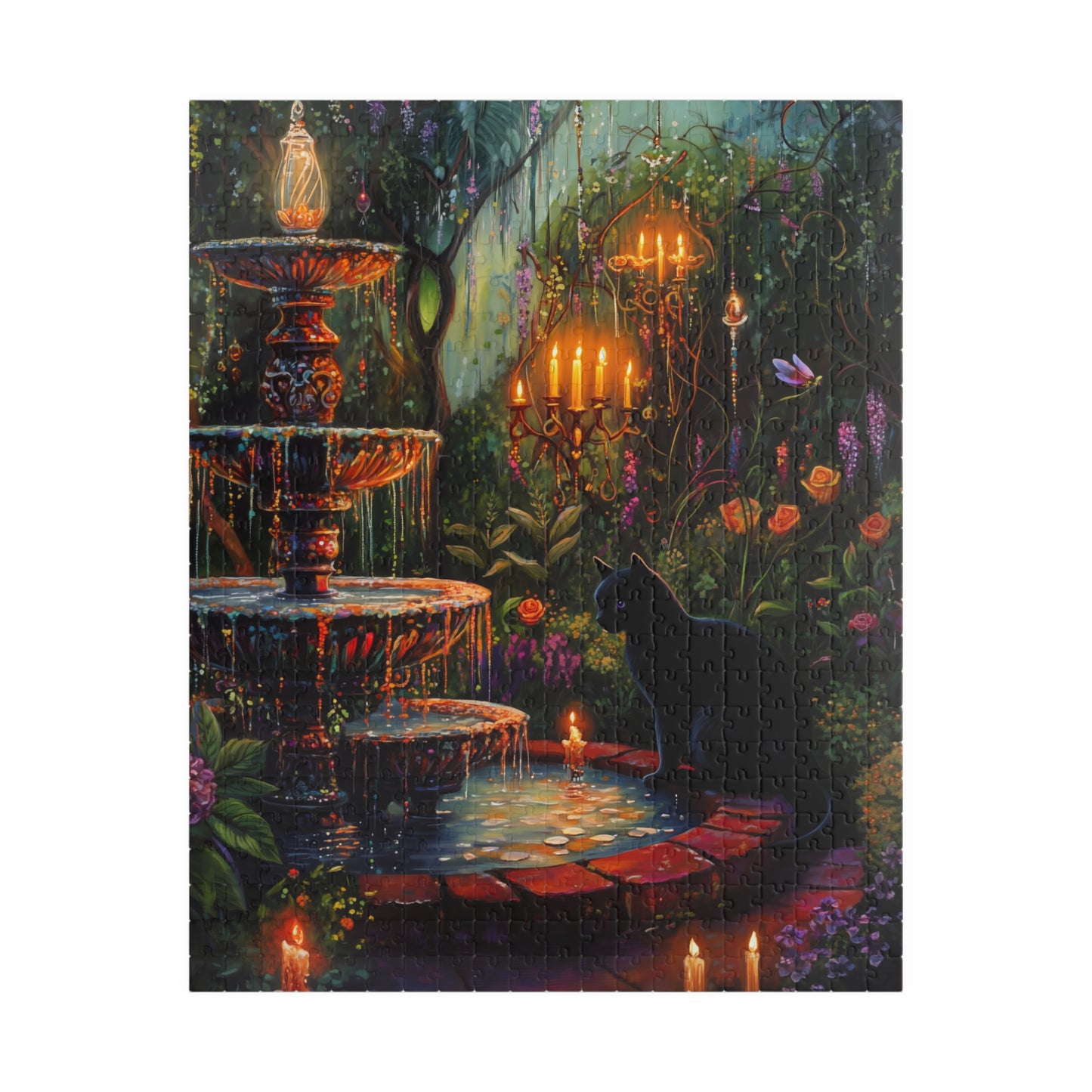 Enchanted Garden Fountain Black Cat puzzle | 520-piece jigsaw, candlelit forest scene