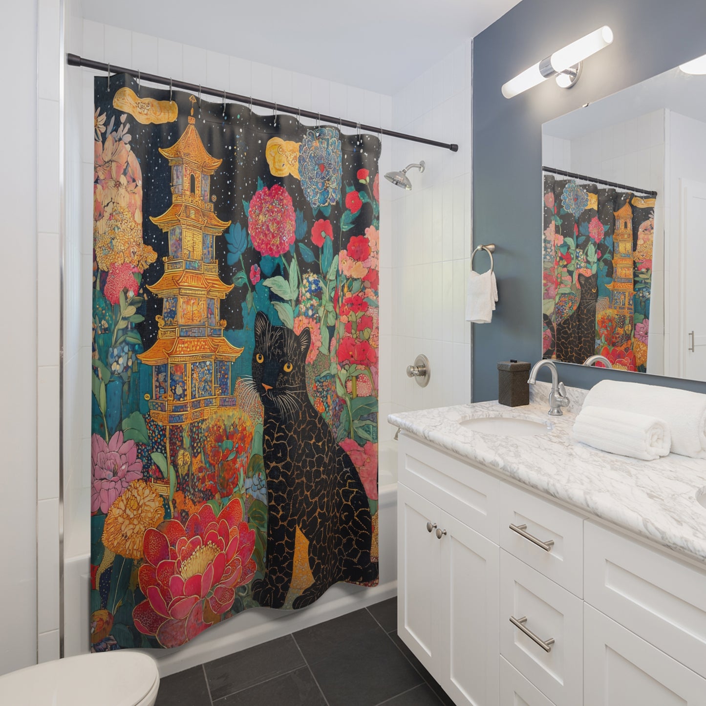 Black Leopard Floral Shower Curtain - Elegant Home Decor, Stylish Bathroom Accent, Bohemian Vibe, Gift for Her, Housewarming