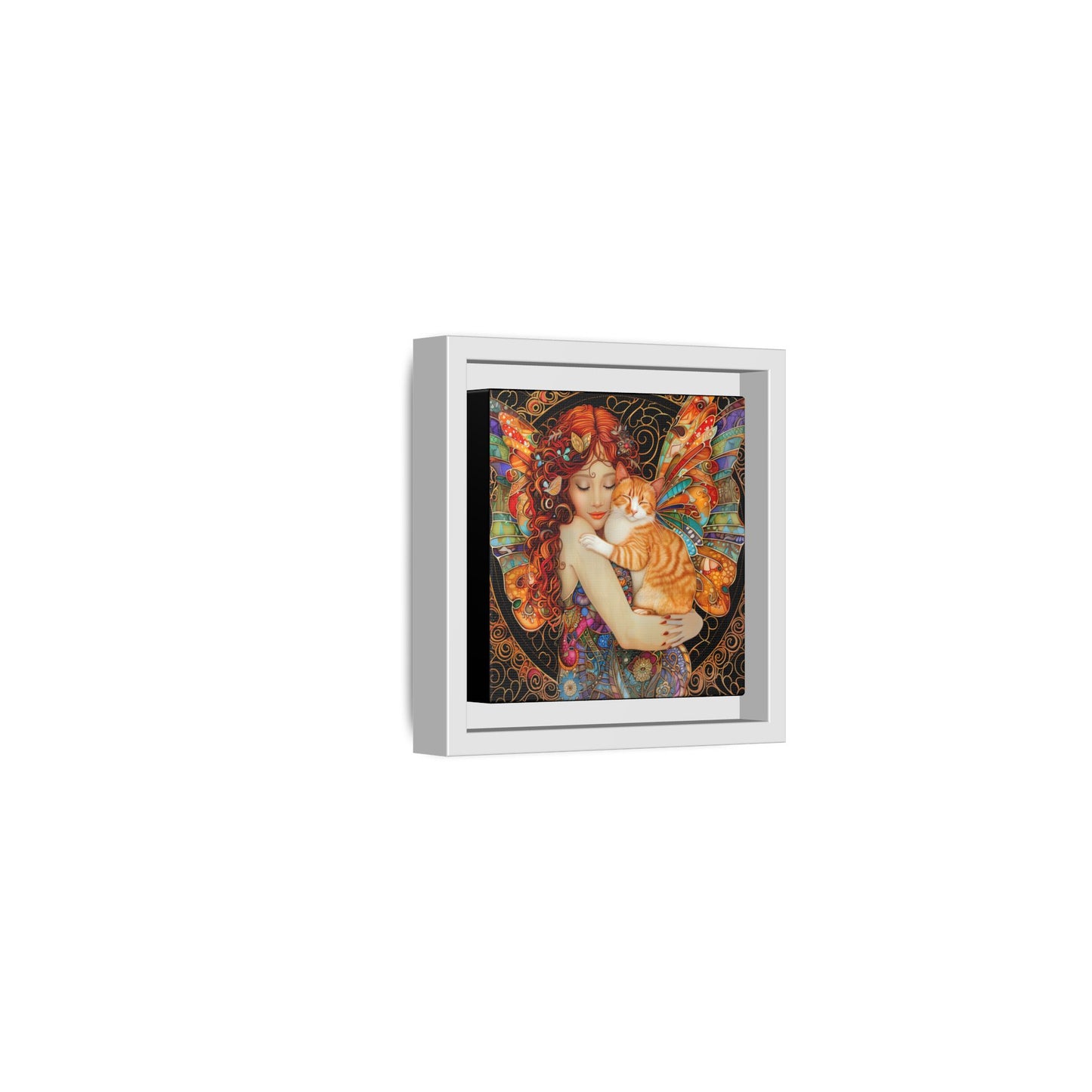 Framed "Tabby"  Fantasy Canvas Art Print - Whimsical Wall Decor, Fairy and Cat Illustration, Magical Gift for Cat Lovers