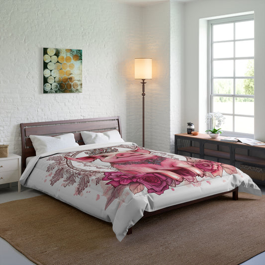 Pig Princess Comforter — Cute Pink Pig Crowned with Roses Decorative Bedding