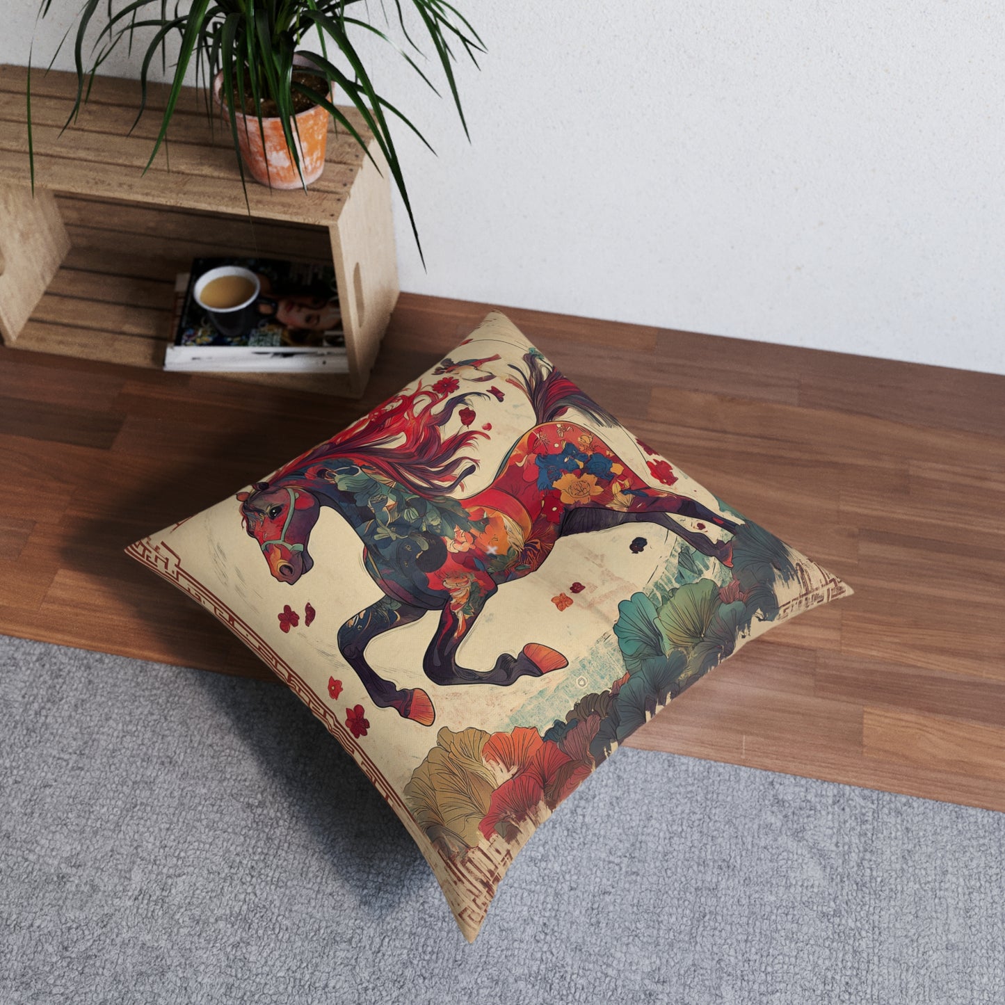 Year of the Horse Tufted Floor Pillow, Square | Colorful Equestrian Accent Cushion