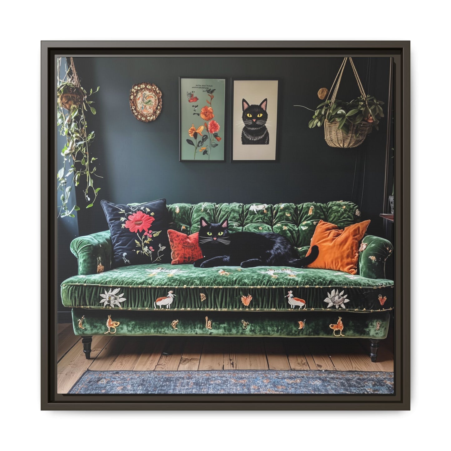 Black "House Cat" Living Room Art Matte Canvas Framed, Green Sofa Boho