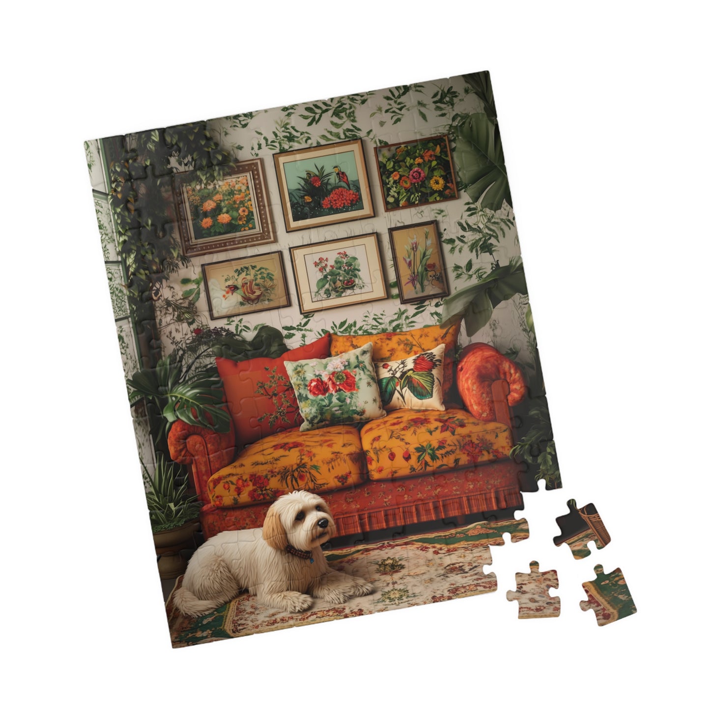 Doodle Cozy Vintage Living Room Puzzle 520 Piece | Floral Sofa Dog Illustration