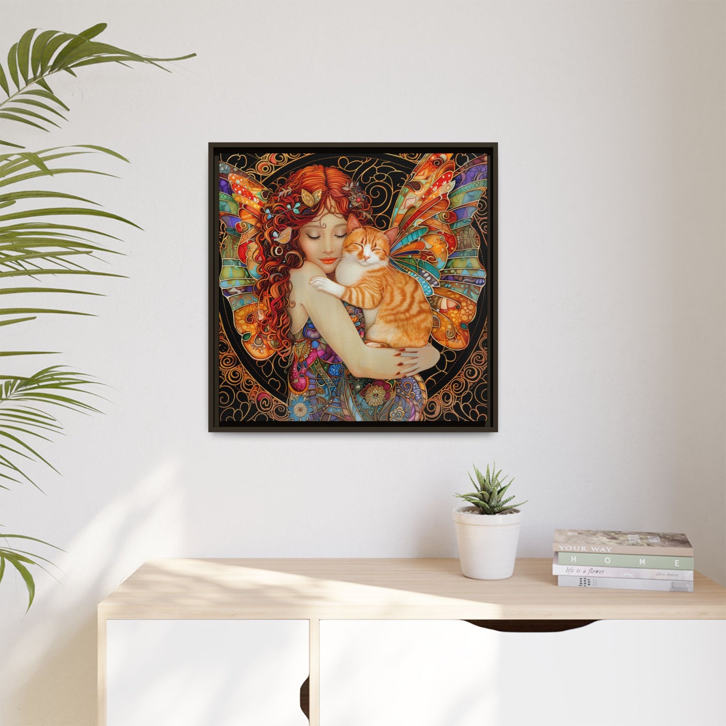 Framed "Tabby"  Fantasy Canvas Art Print - Whimsical Wall Decor, Fairy and Cat Illustration, Magical Gift for Cat Lovers