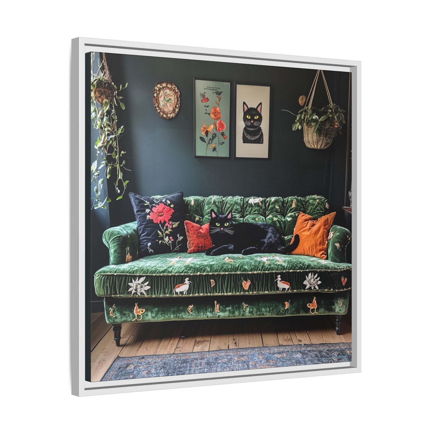 Black "House Cat" Living Room Art Matte Canvas Framed, Green Sofa Boho