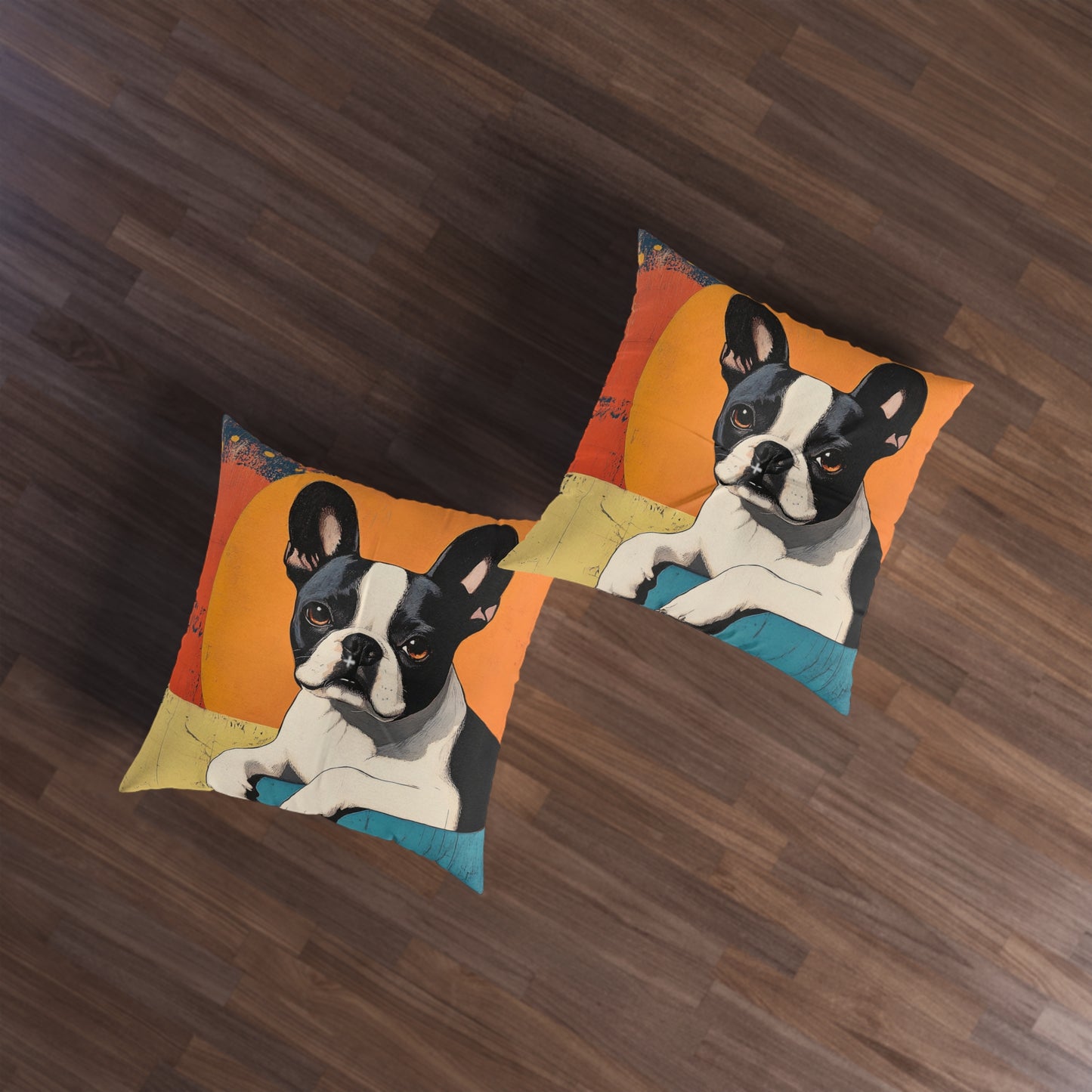 Mid Century Modern Boston Terrier Gift Tufted Floor Pillow | Retro Sunset Pet Portrait