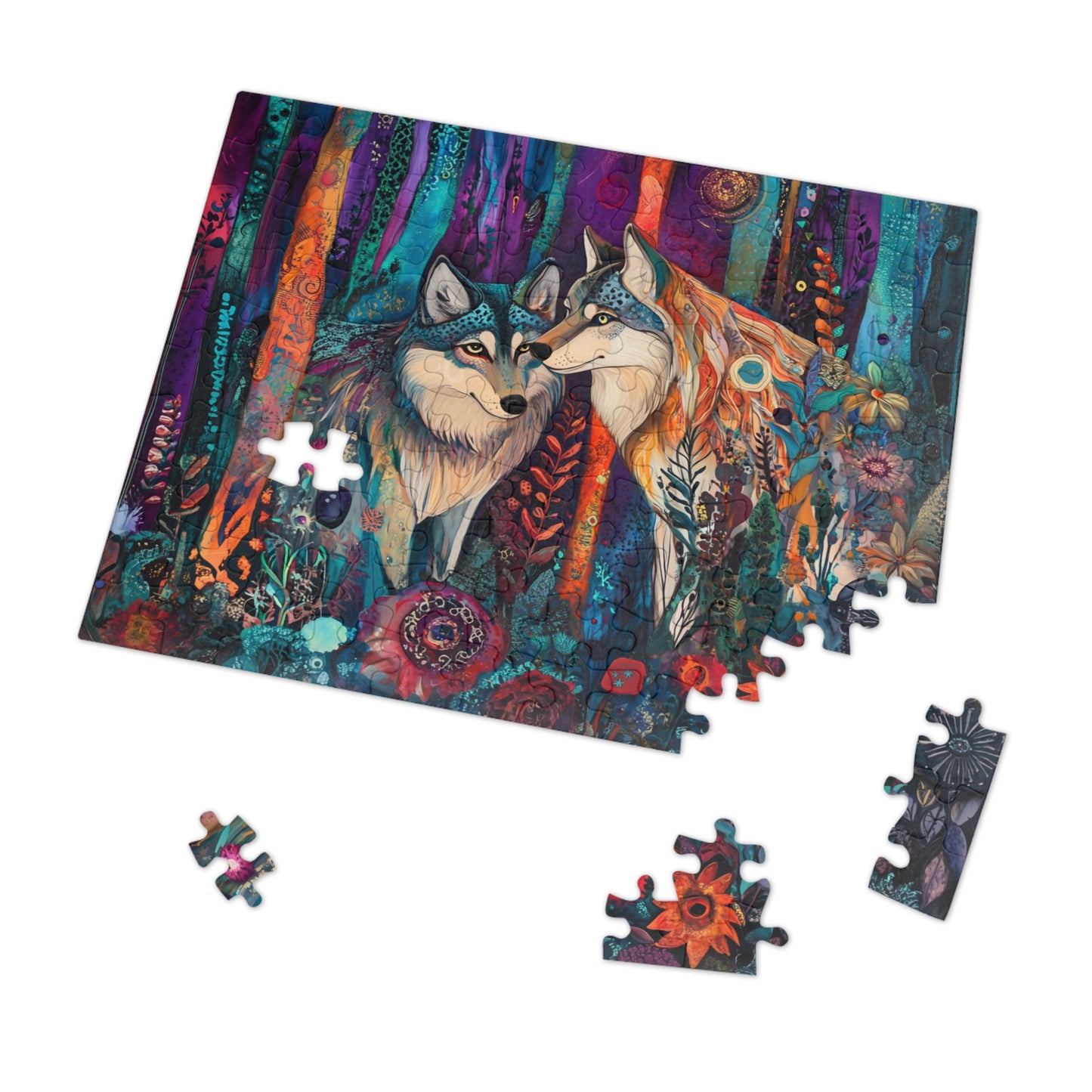Mystic Wolves jigsaw puzzle with tin | colorful forest wolf art