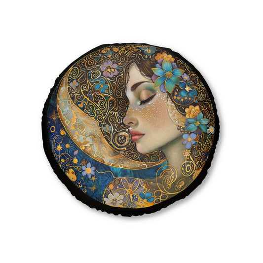 Lady of The Moon Bohemian Round Tufted Floor Pillow, Cozy Home Decor, Meditation Cushion, Artistic Pillow, Gift for Her