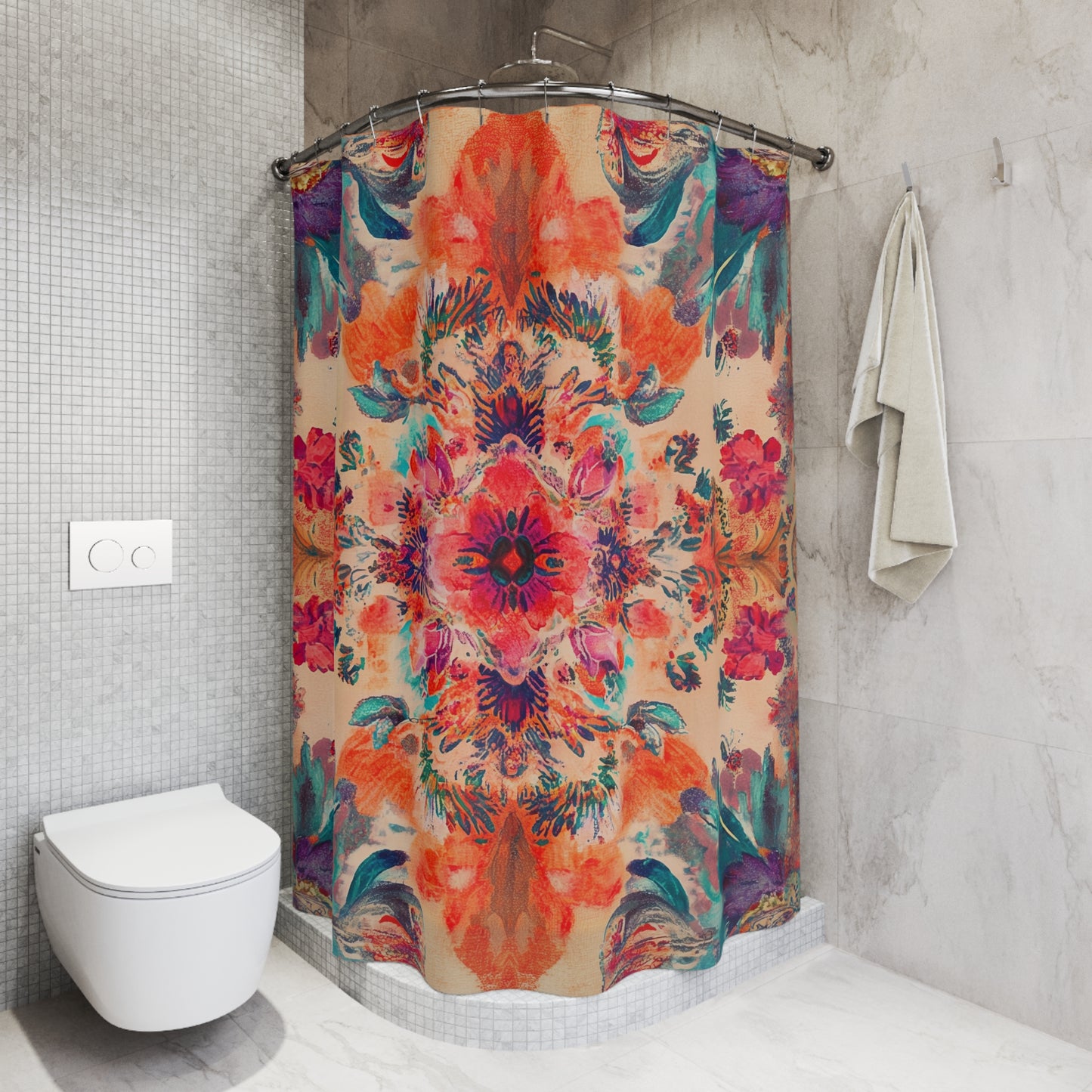 Boho Watercolor Floral Shower Curtain Vibrant Mandala Bathroom Decor