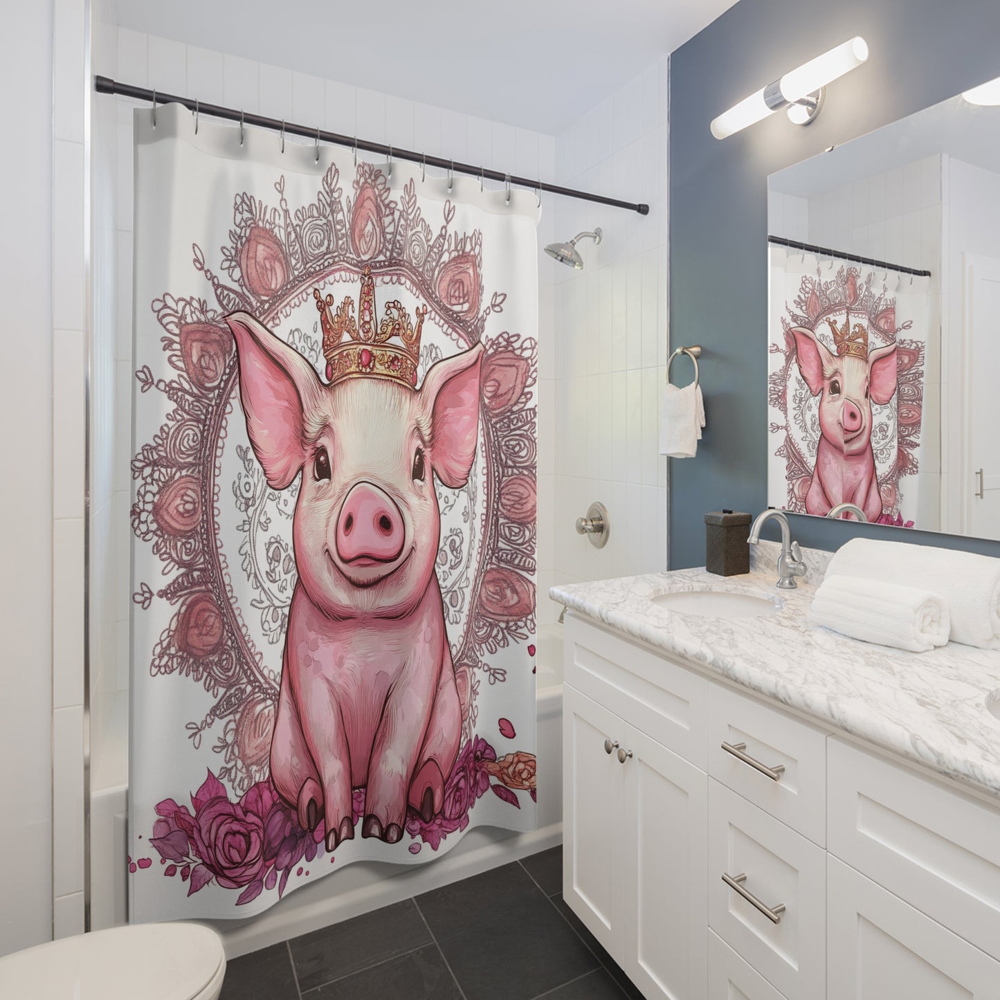 Princess Pig Shower Curtain, Cute Farmhouse Decor, Bathroom Accessories, Animal Lover Gift, Queen Pig Design