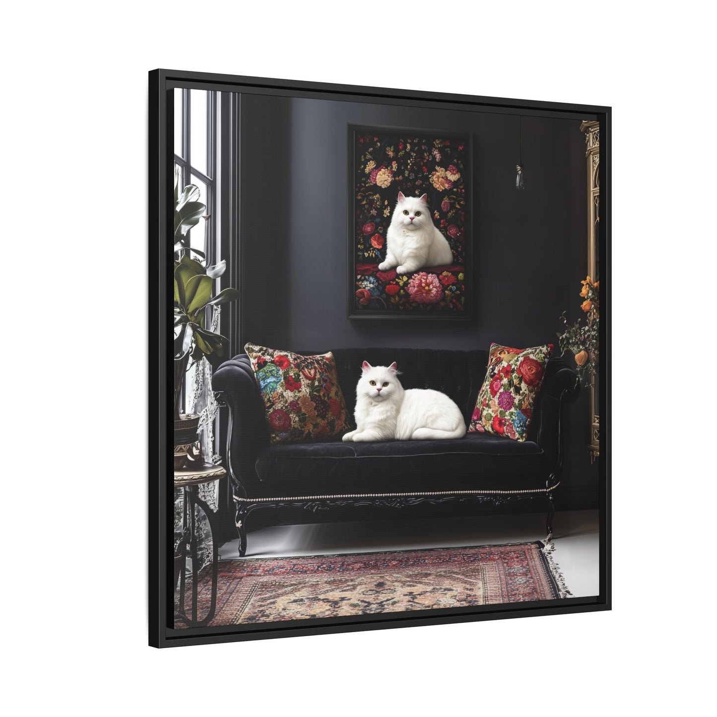 White Persian "House Cat" Portrait Matte Canvas Framed | Floral Still Life Wall Art