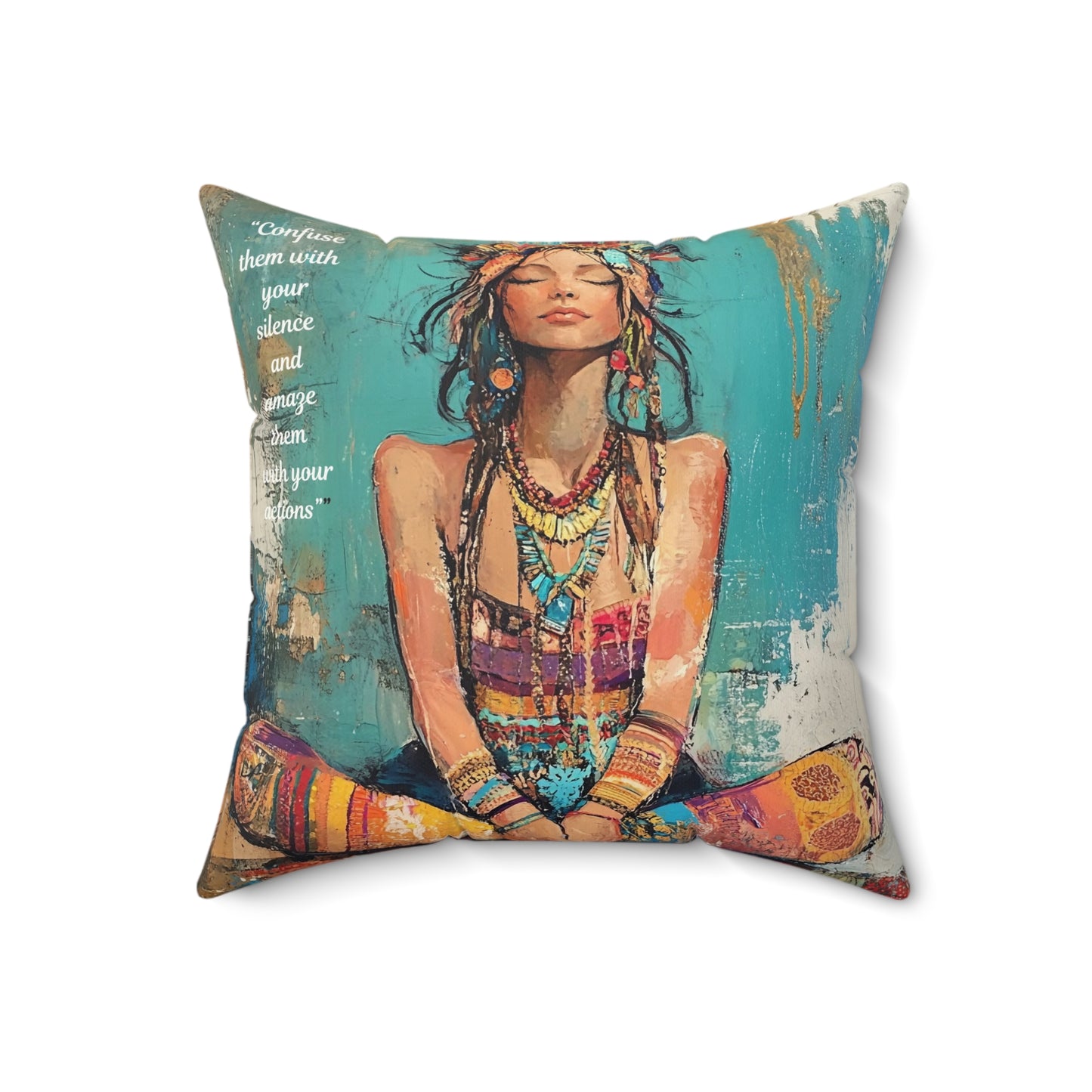 Boho Meditating Woman Faux Suede Square Pillow | Yoga Spiritual Decorative Pillow