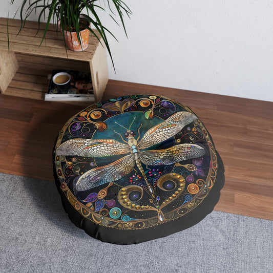 Artistic Dragonfly Tufted Floor Pillow, Round Accent Cushion for Home Decor, Boho Living Room Pillow, Nature-Inspired Gift, Mandala Style