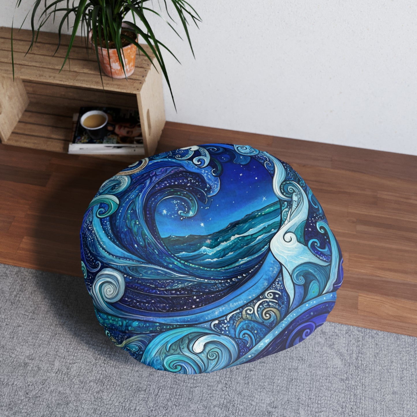 Ocean Wave Round Floor Pillow — Tufted Nautical Bohemian Decor