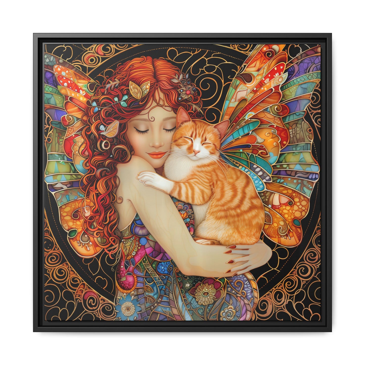 Framed "Tabby"  Fantasy Canvas Art Print - Whimsical Wall Decor, Fairy and Cat Illustration, Magical Gift for Cat Lovers