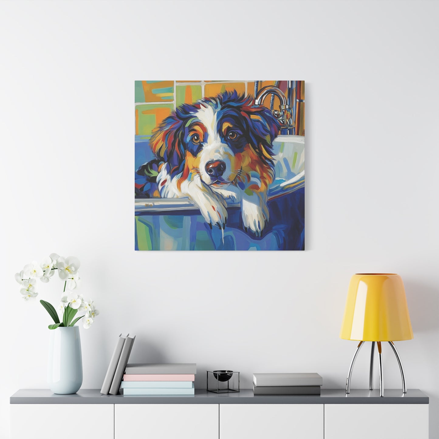 Aussie Bathtub Canvas, Australian Shepherd Art, Aussie Canvas, Tri Color Australian Shepherd Art, Dog Bathtub Prints
