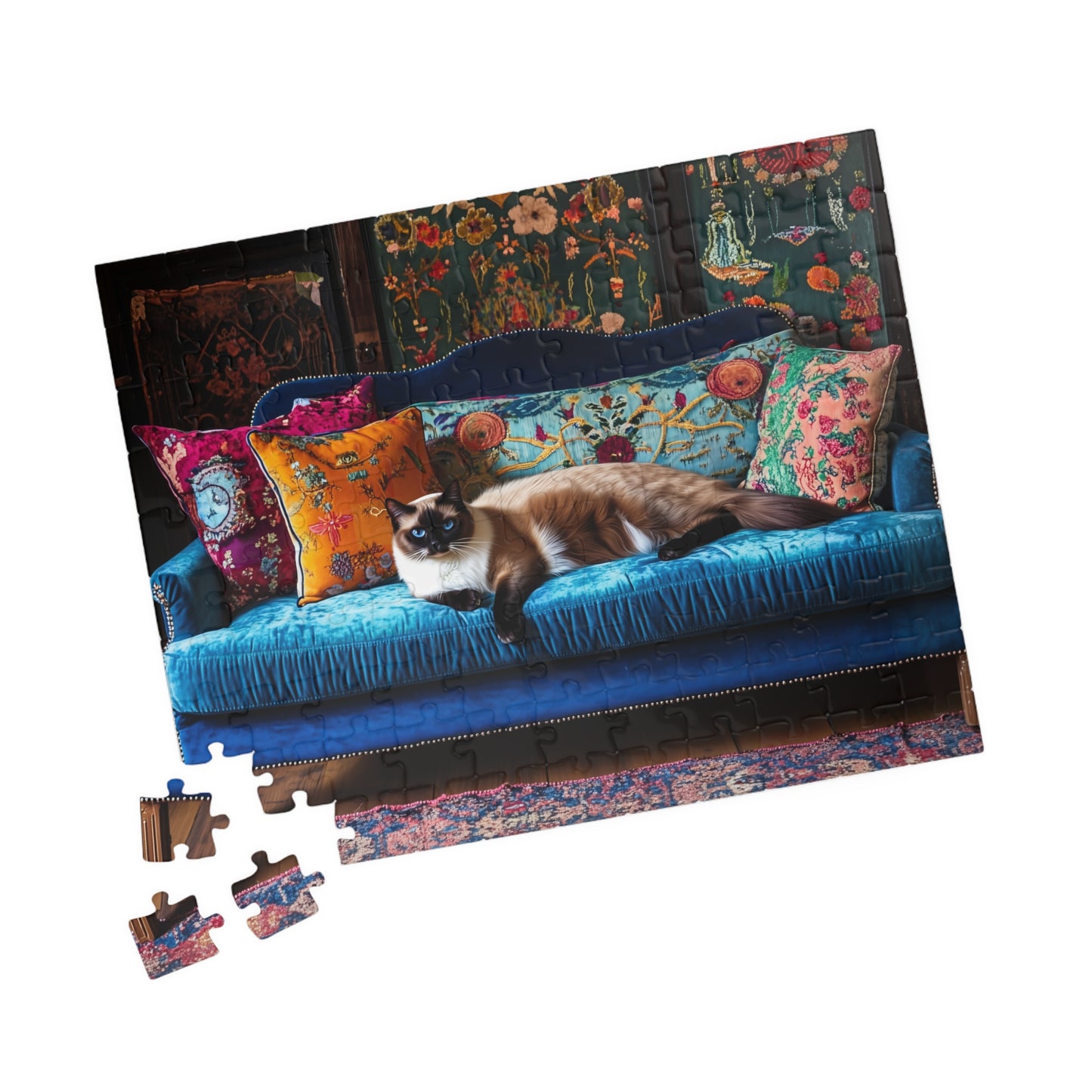 Siamese "House Cat" on Blue Velvet Sofa Puzzle | 252/520/1014-piece Jigsaw