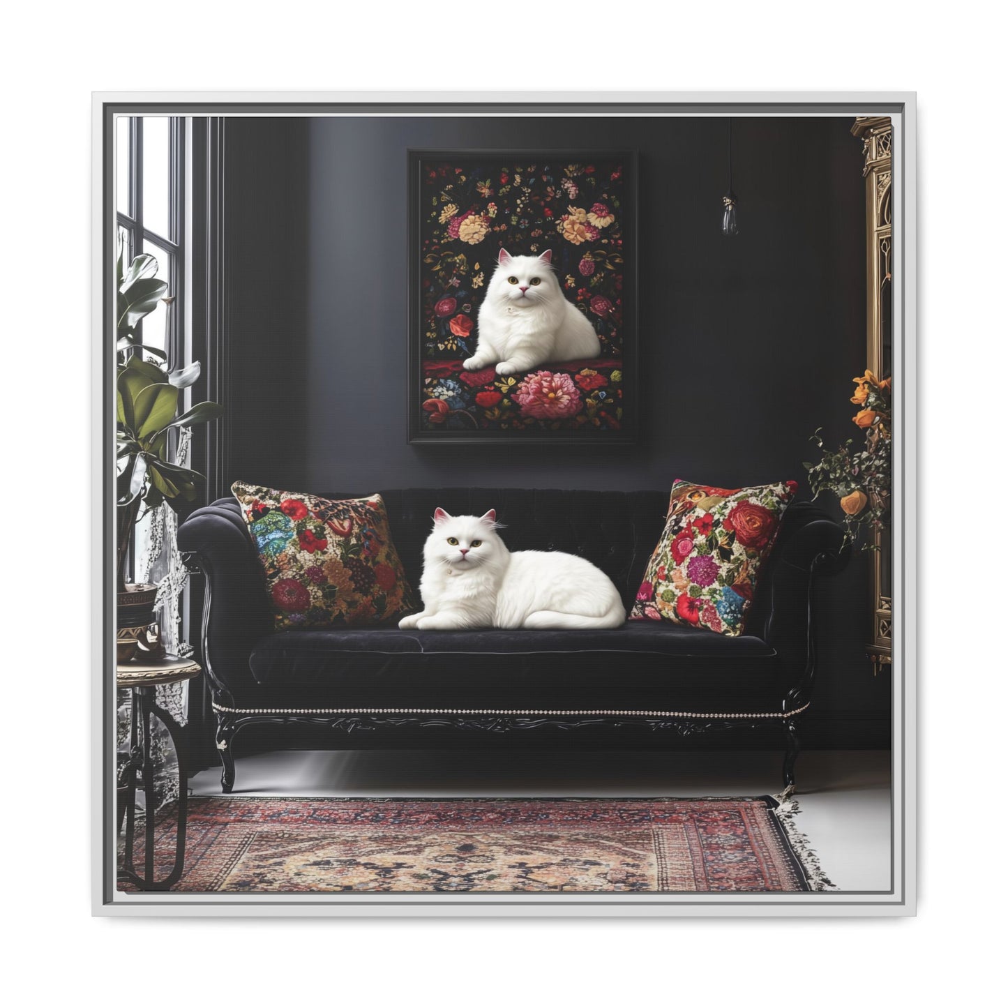 White Persian "House Cat" Portrait Matte Canvas Framed | Floral Still Life Wall Art