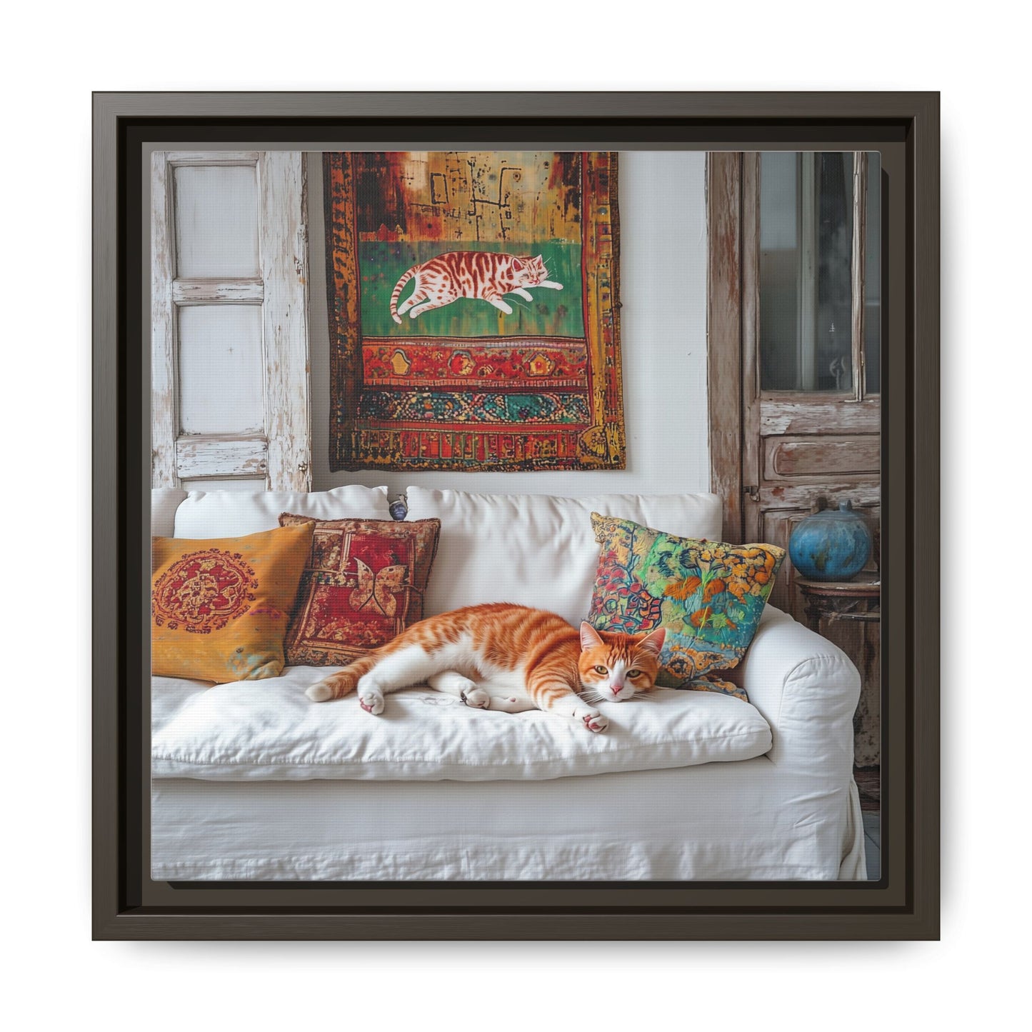 Orange Tabby "House Cat" Sleeping Ginger Cat Sofa Photo Framed Canvas