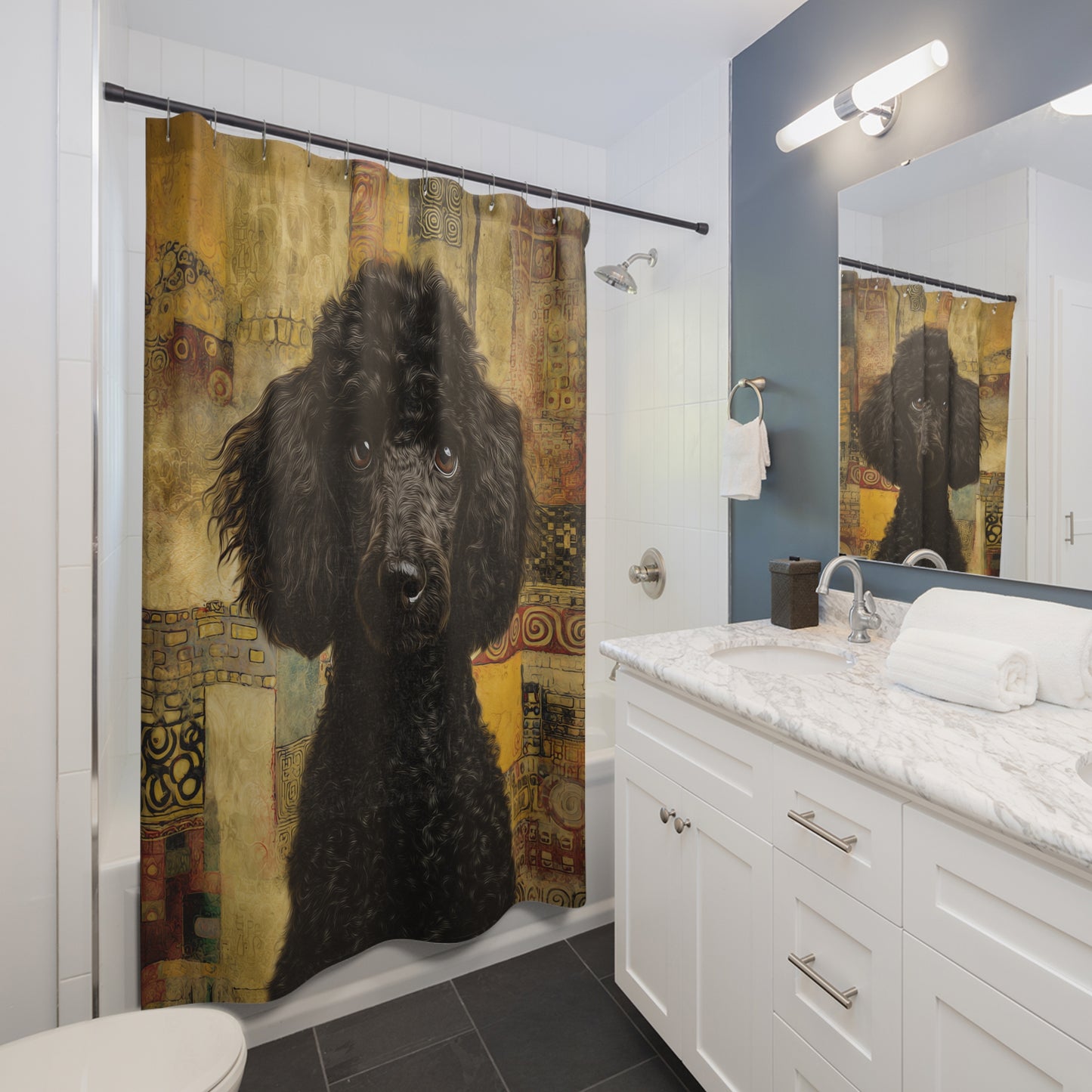Anthro Black Poodle Shower Curtain — Artistic Vintage Patchwork Bathroom Decor