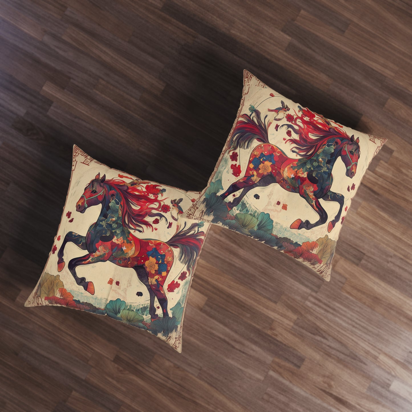 Year of the Horse Tufted Floor Pillow, Square | Colorful Equestrian Accent Cushion