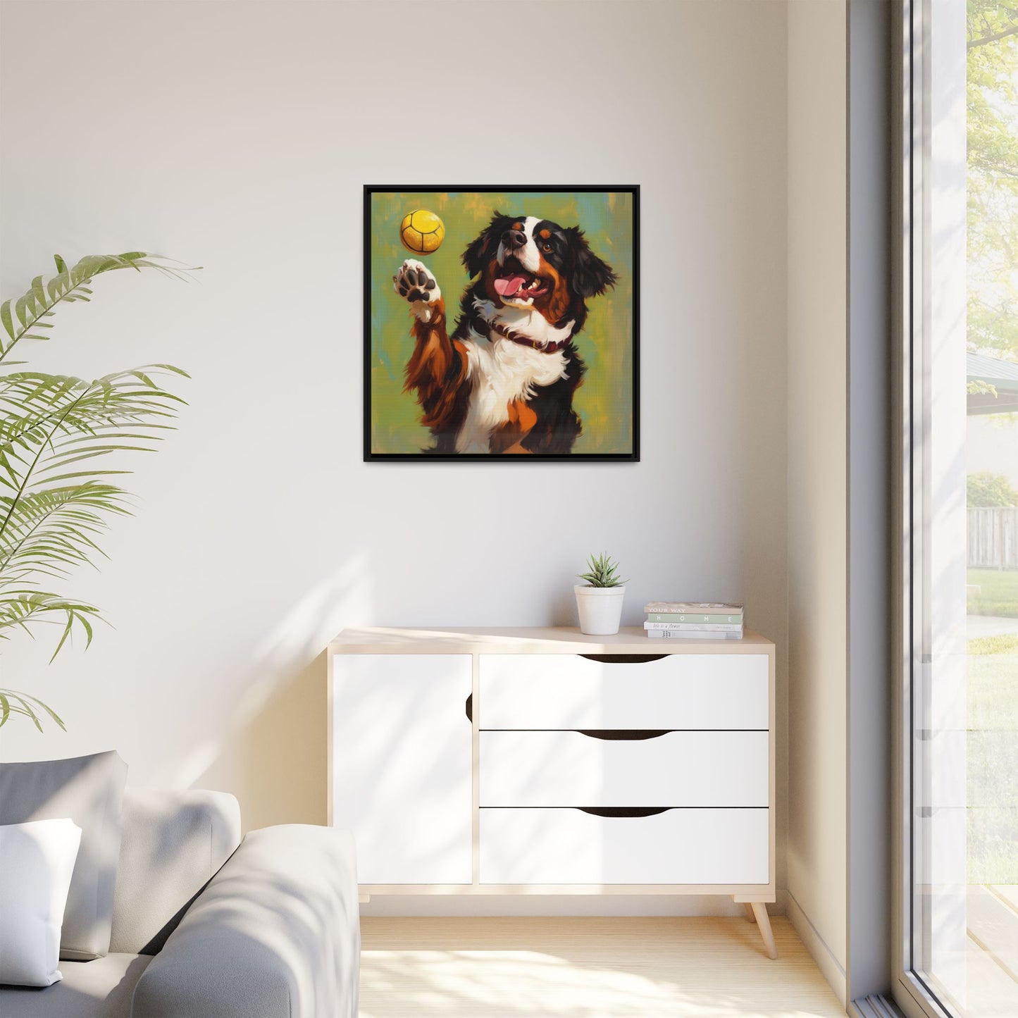 Bernese Mountain Dog Playing Picklball Canvas Wall Art, Matte Canvas Framed