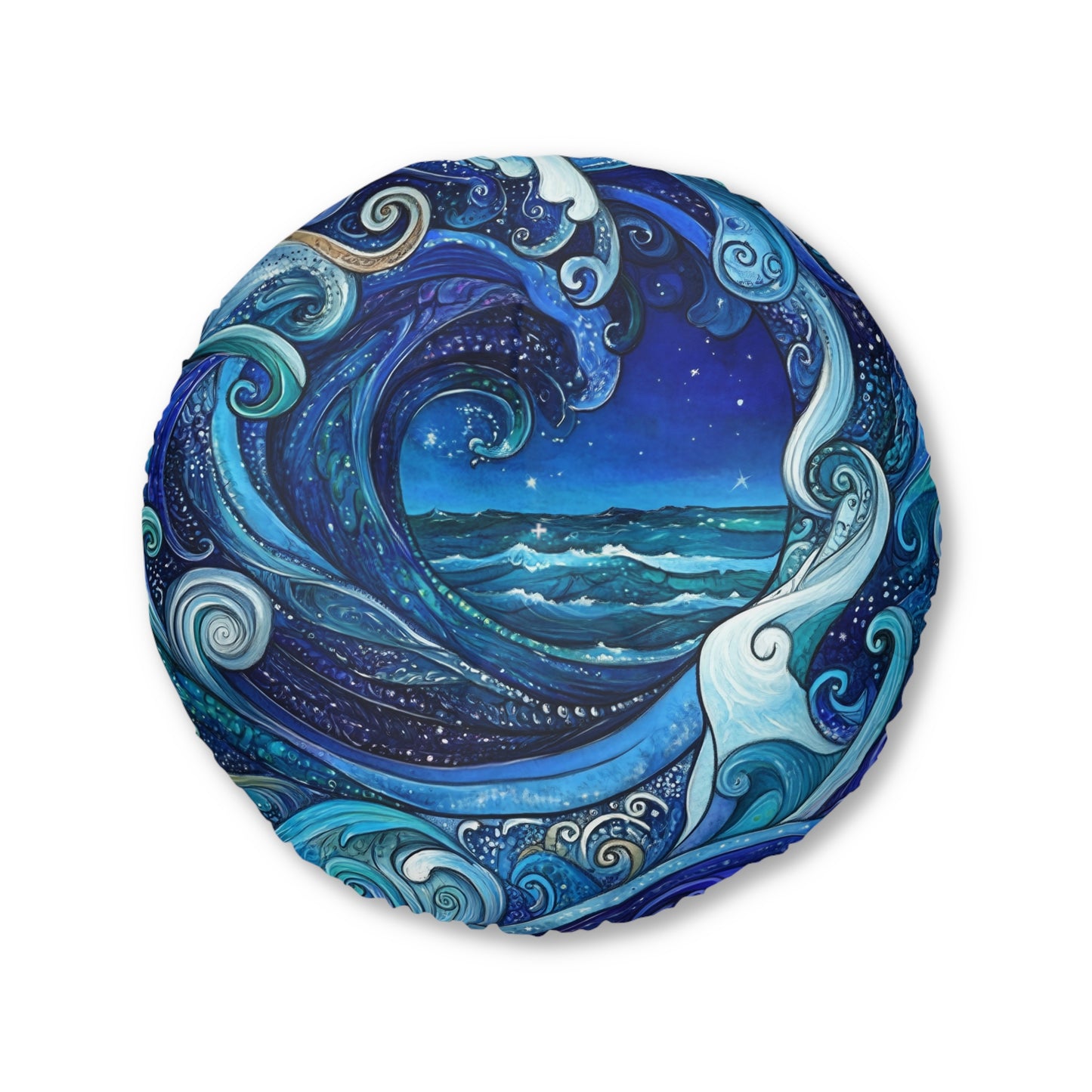 Ocean Wave Round Floor Pillow — Tufted Nautical Bohemian Decor