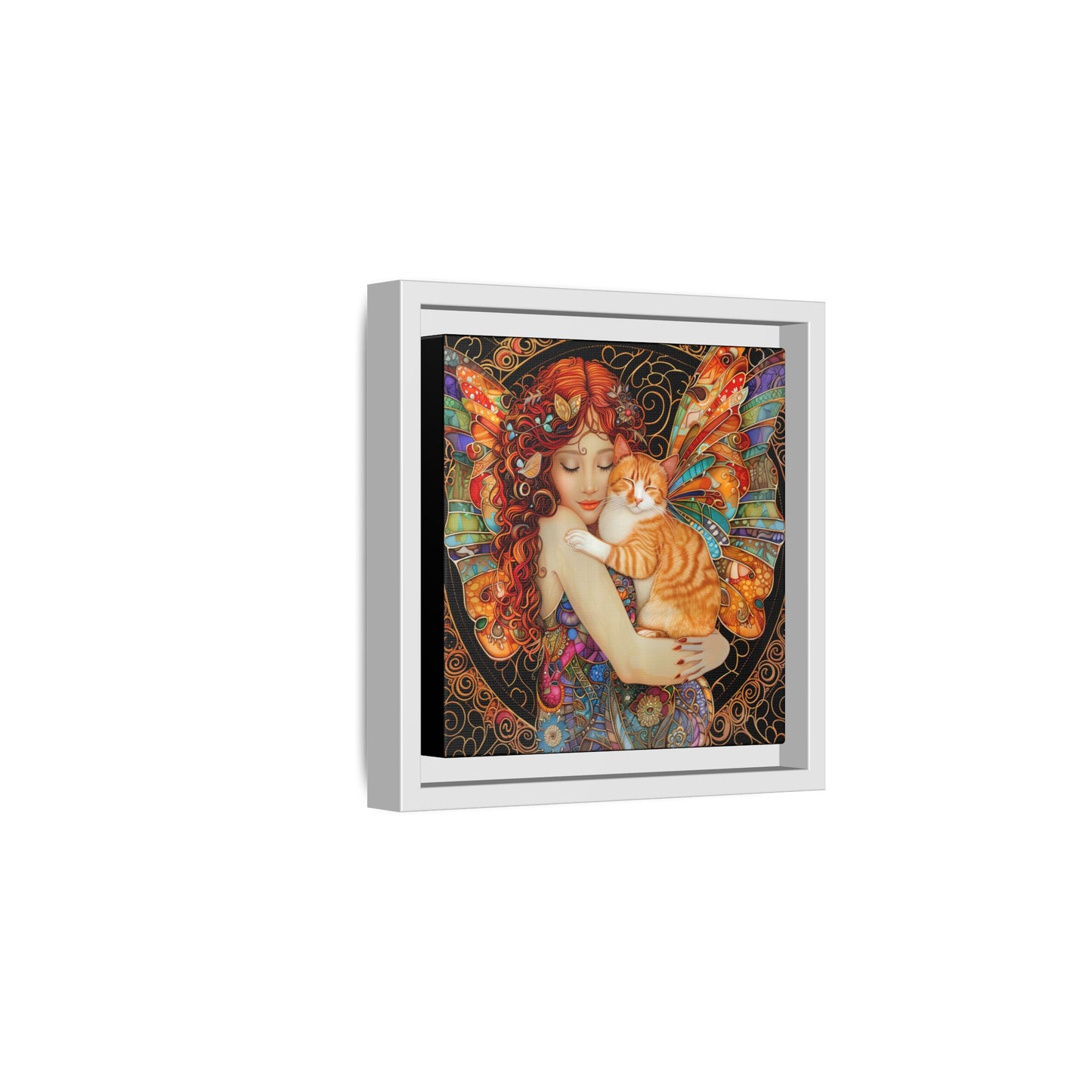 Framed "Tabby"  Fantasy Canvas Art Print - Whimsical Wall Decor, Fairy and Cat Illustration, Magical Gift for Cat Lovers