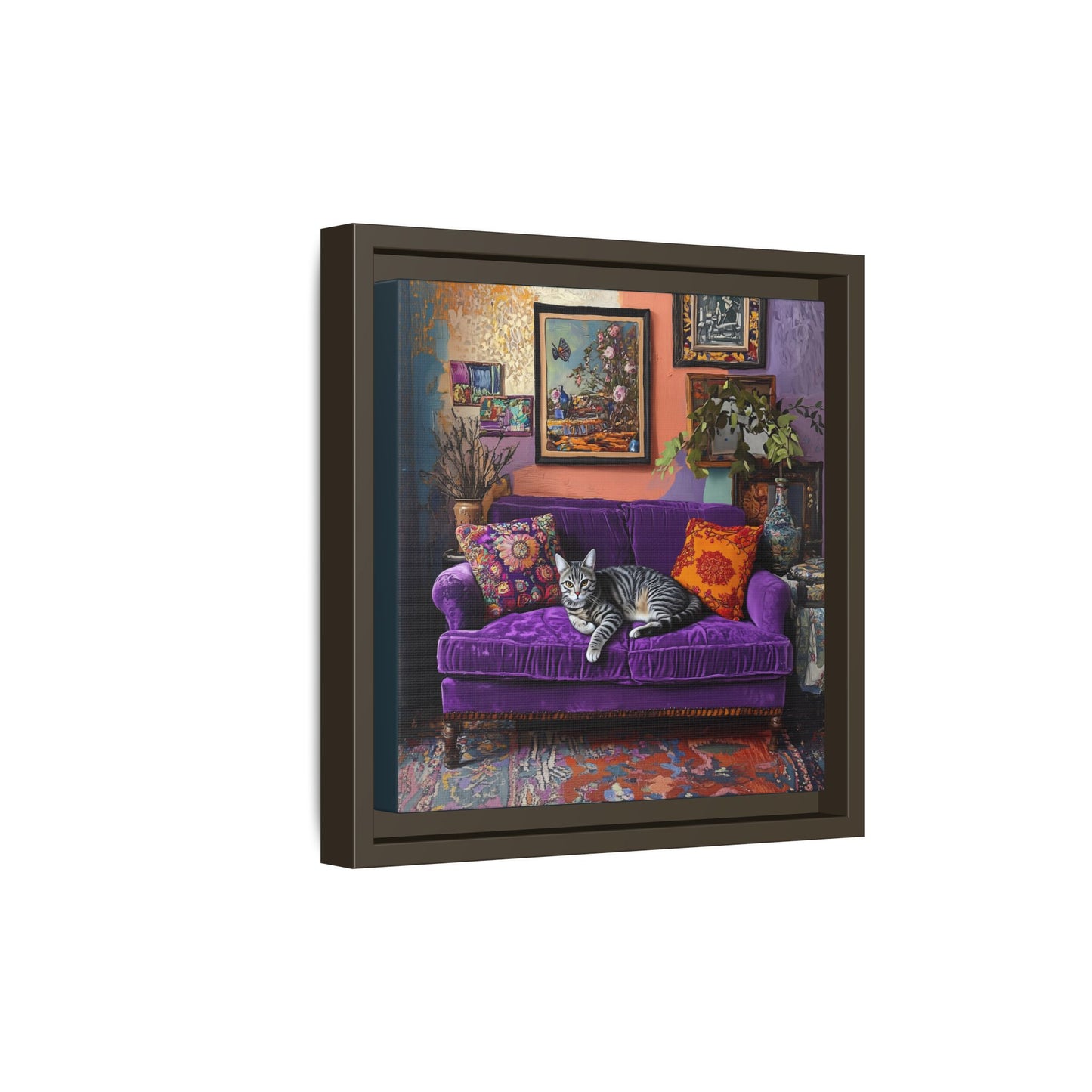 Tabby "House Cat" on Purple Velvet Sofa Matte Canvas Framed | Wall Art