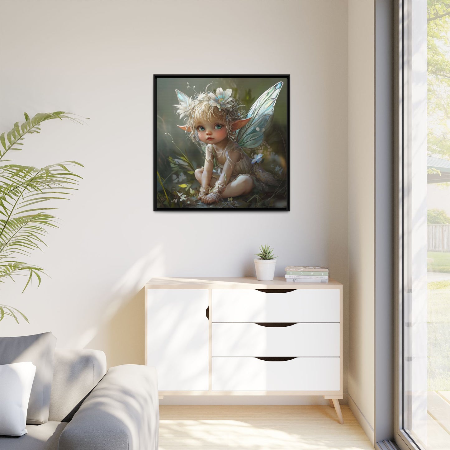 Baby Fairy Art Print, Framed Canvas, Whimsical Home Decor, Fairy Tale Gift, Magical Nursery Wall Art