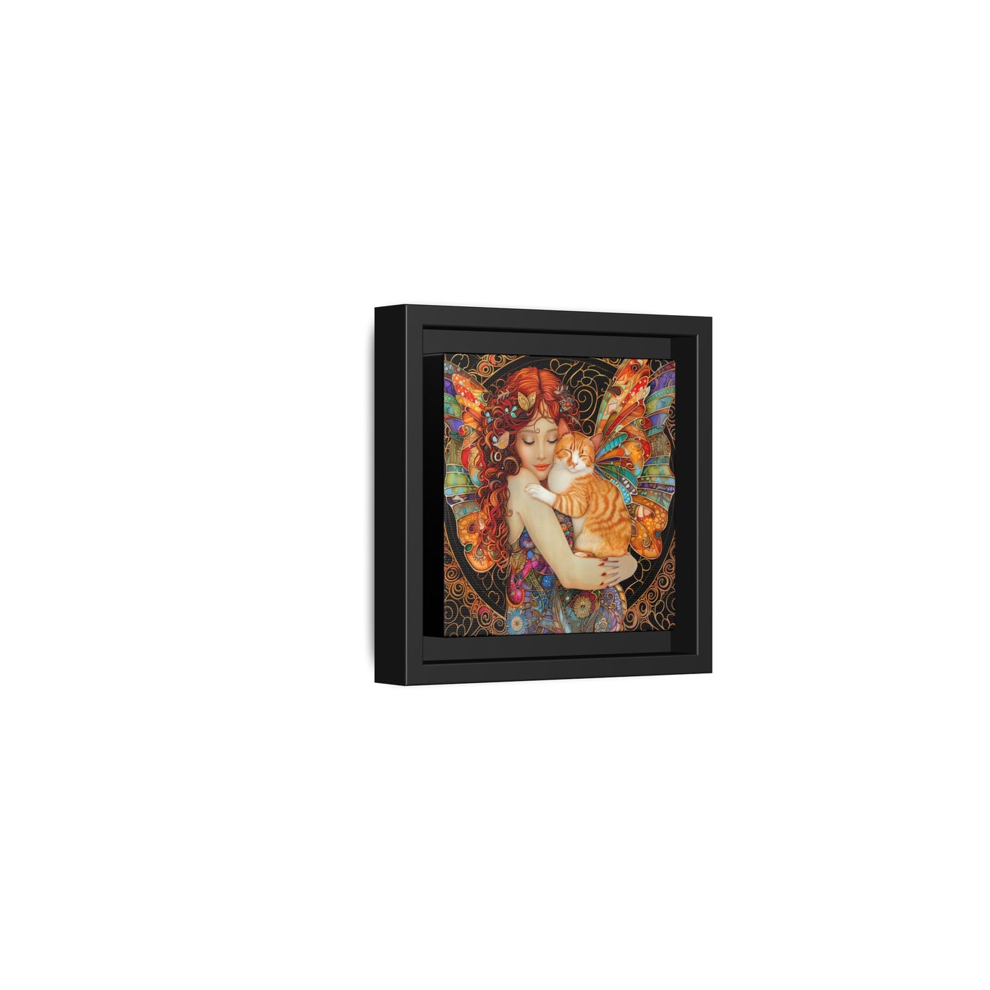 Framed "Tabby"  Fantasy Canvas Art Print - Whimsical Wall Decor, Fairy and Cat Illustration, Magical Gift for Cat Lovers