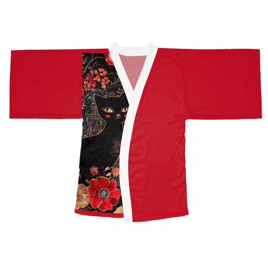 Geisha Cat Elegant Long Sleeve Kimono Robe, Cozy Loungewear, Perfect Gift for Her, Zen Home Decor, Cat Lovers' Style