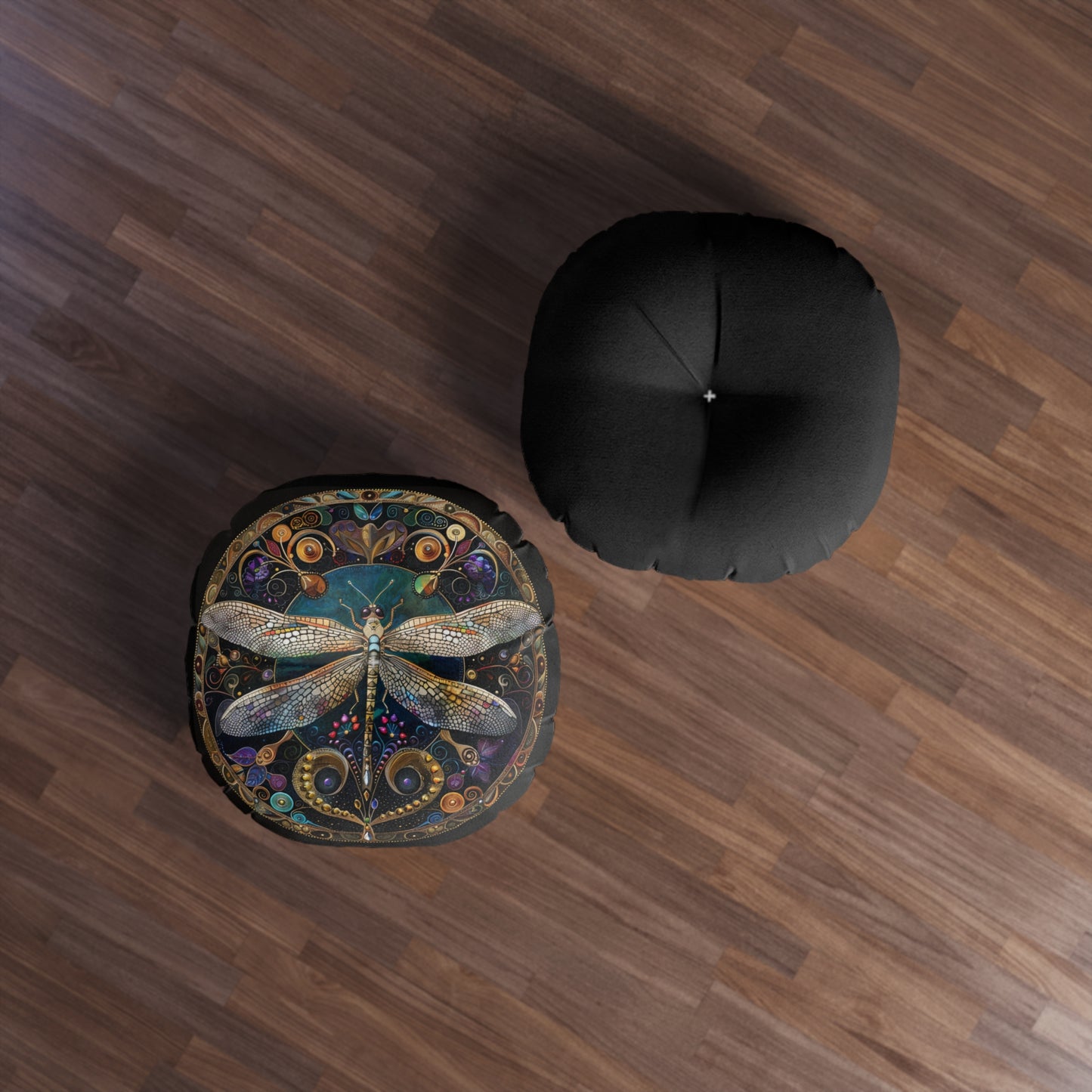Artistic Dragonfly Tufted Floor Pillow, Round Accent Cushion for Home Decor, Boho Living Room Pillow, Nature-Inspired Gift, Mandala Style