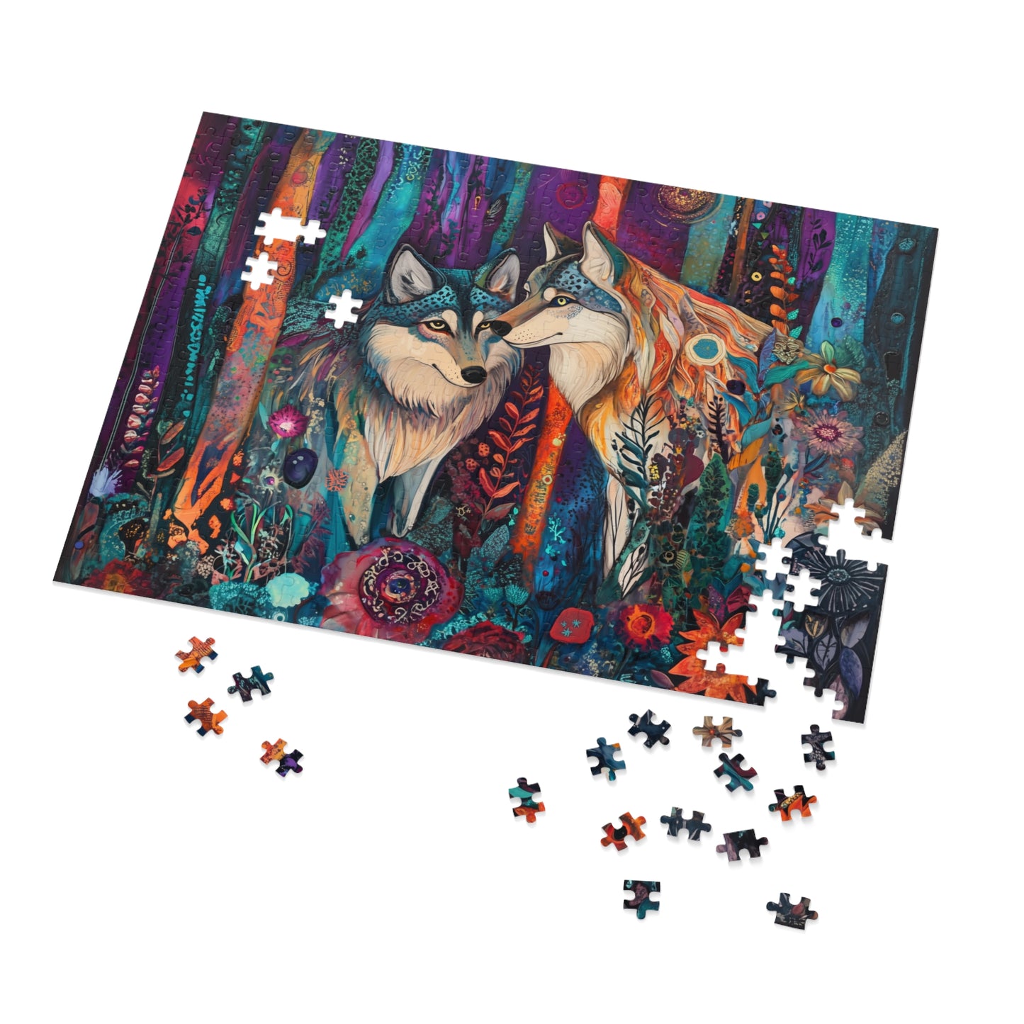 Mystic Wolves jigsaw puzzle with tin | colorful forest wolf art