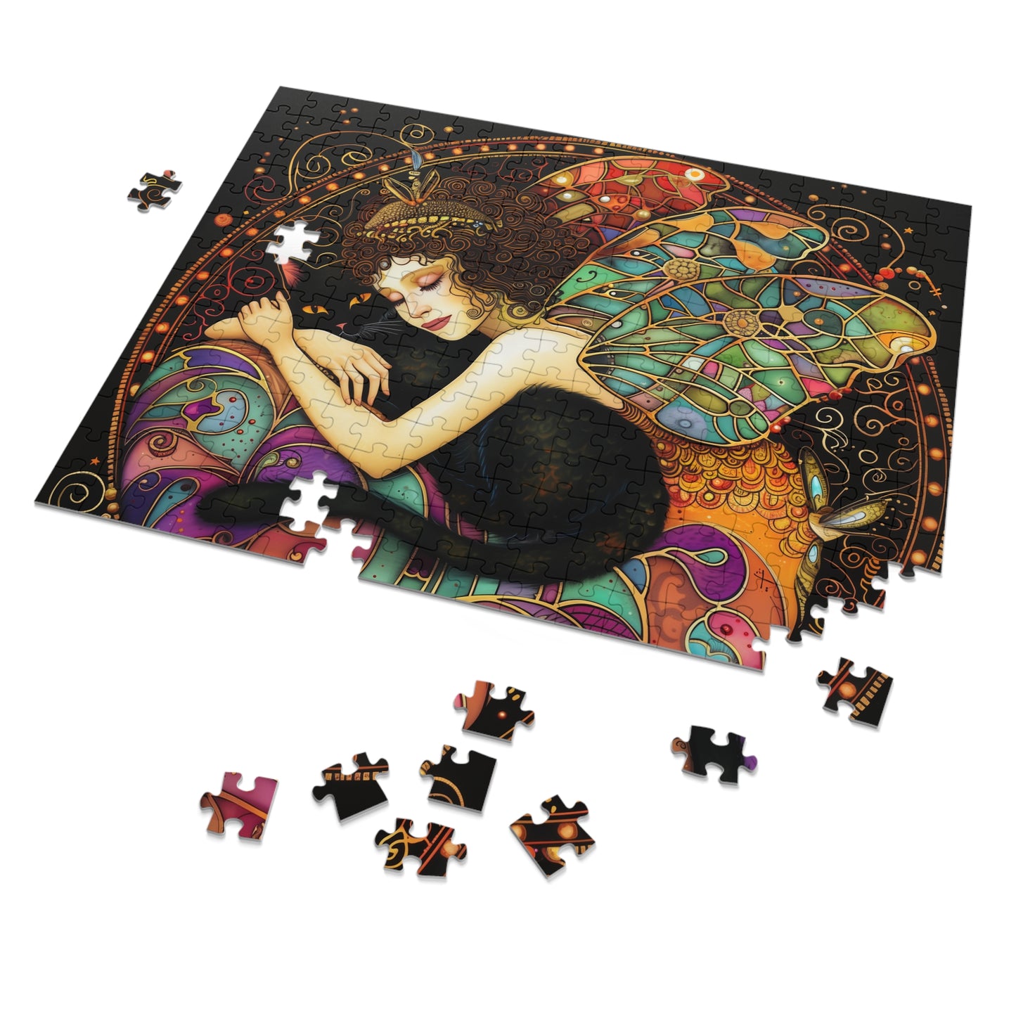 Sleeping Fairy with Black Cat Jigsaw Puzzle