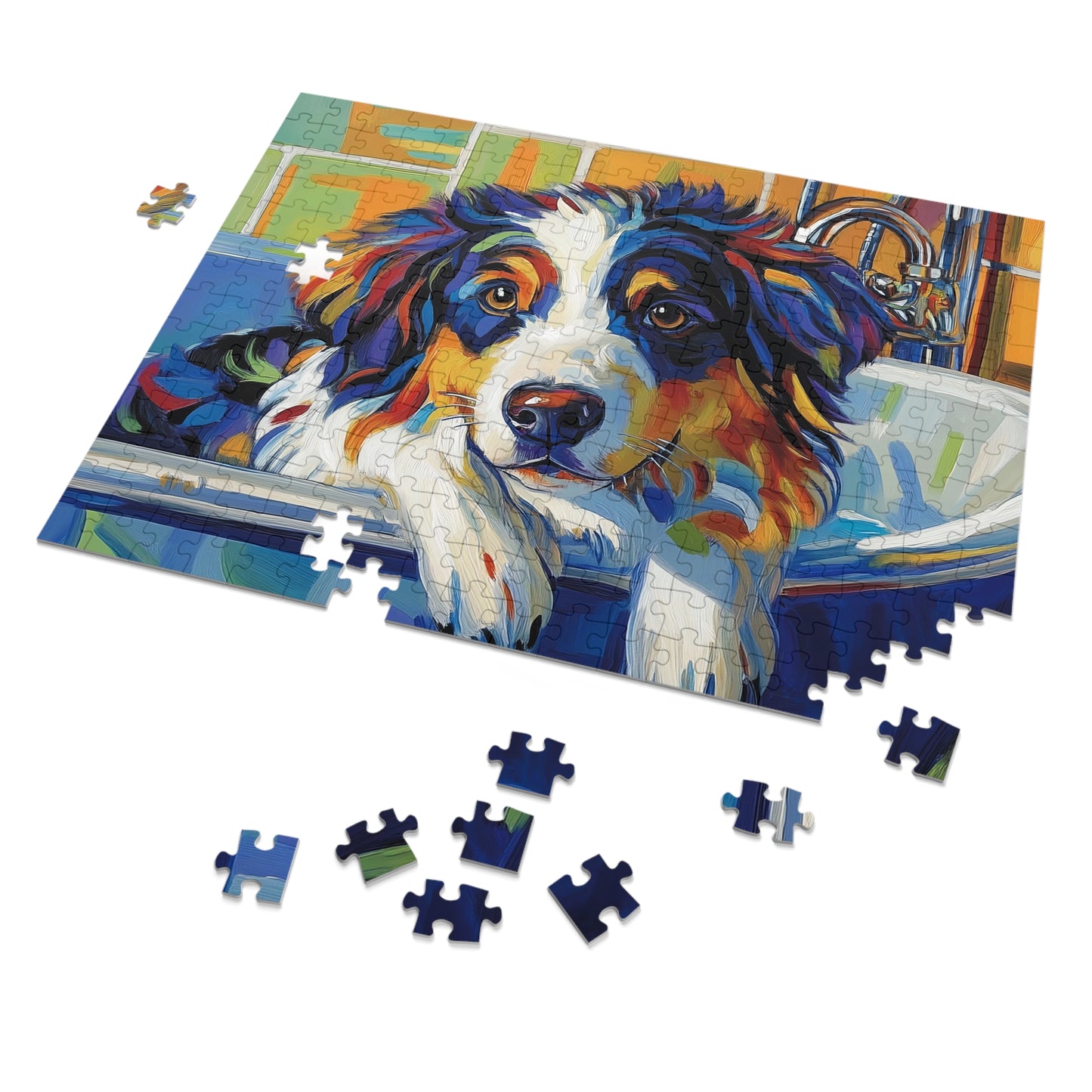 Bathtub Puppy Aussie Dog Jigsaw Puzzle with Tin | 500pc Painted Pet Art, Australian Shepherd Gift