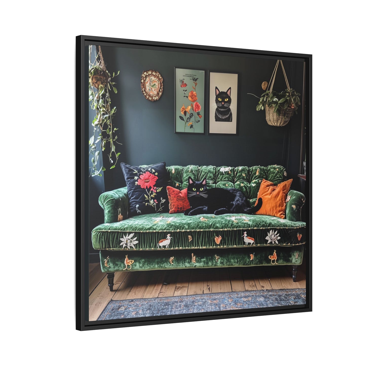 Black "House Cat" Living Room Art Matte Canvas Framed, Green Sofa Boho