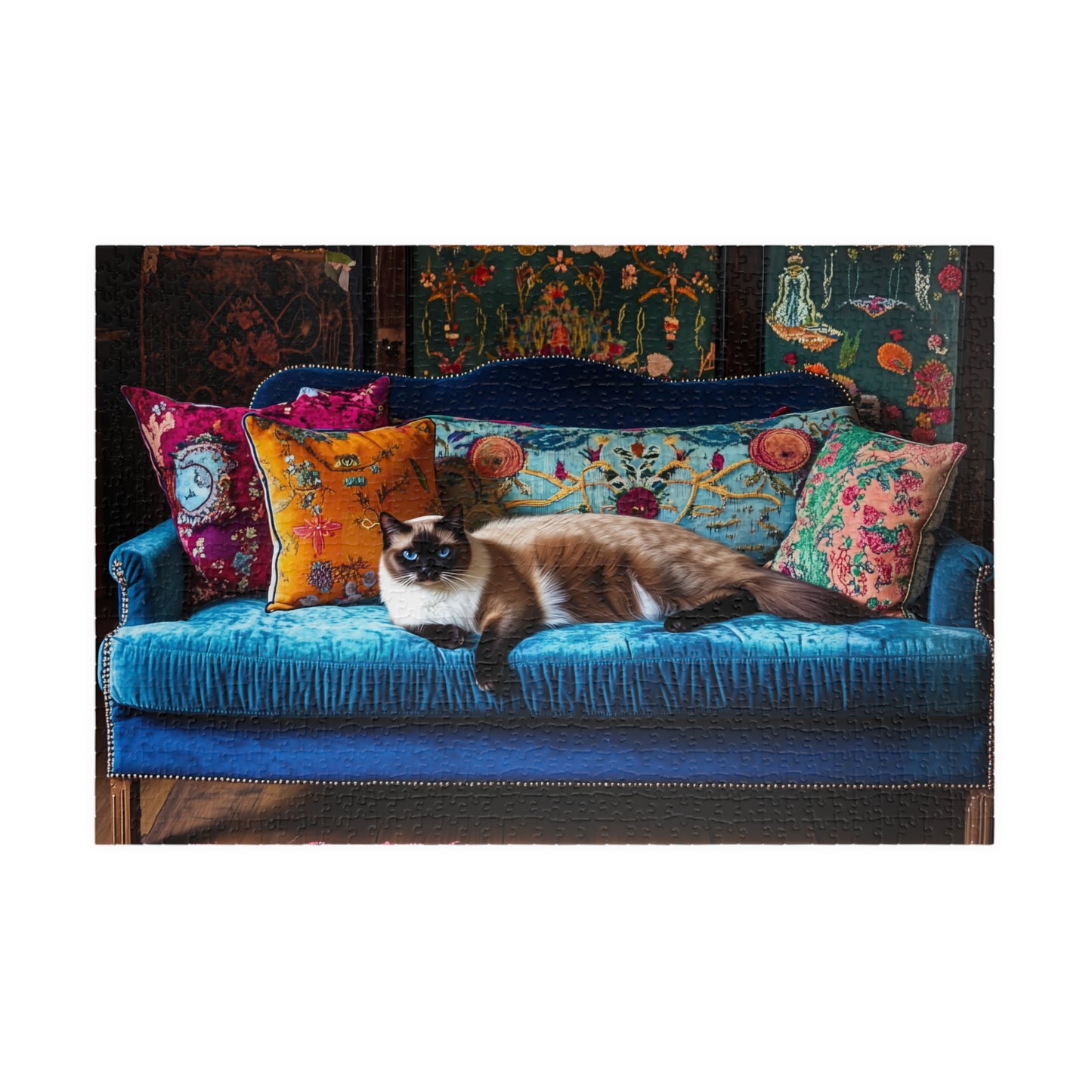 Siamese "House Cat" on Blue Velvet Sofa Puzzle | 252/520/1014-piece Jigsaw