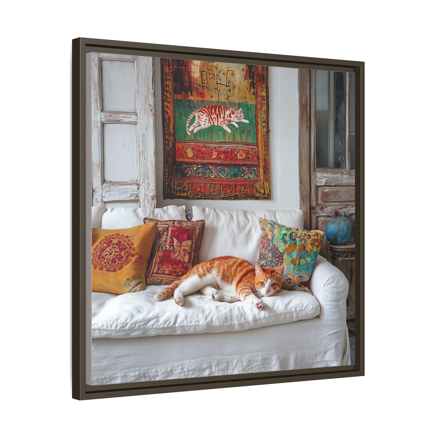 Orange Tabby "House Cat" Sleeping Ginger Cat Sofa Photo Framed Canvas