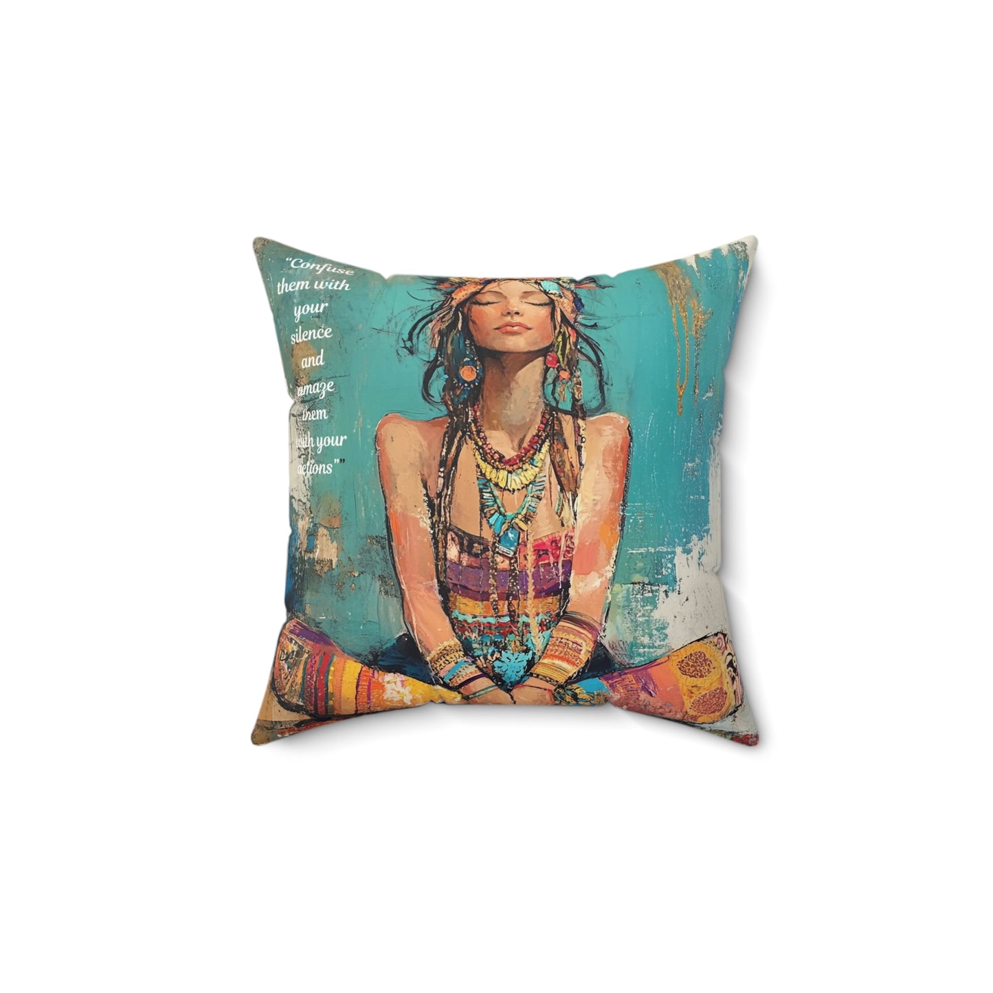 Boho Meditating Woman Faux Suede Square Pillow | Yoga Spiritual Decorative Pillow
