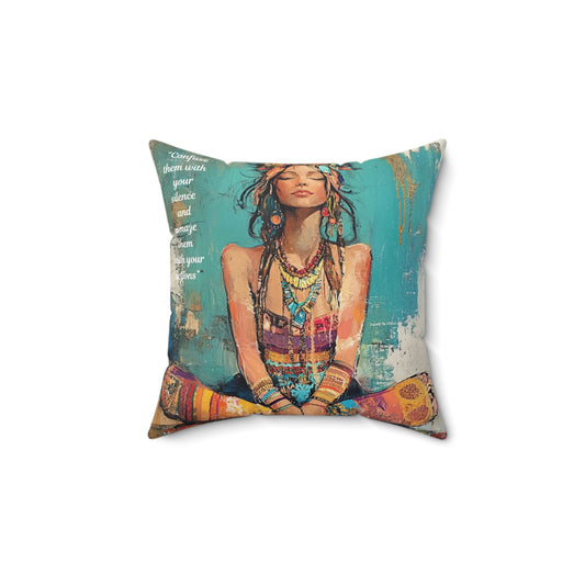 Boho Meditating Woman Faux Suede Square Pillow | Yoga Spiritual Decorative Pillow