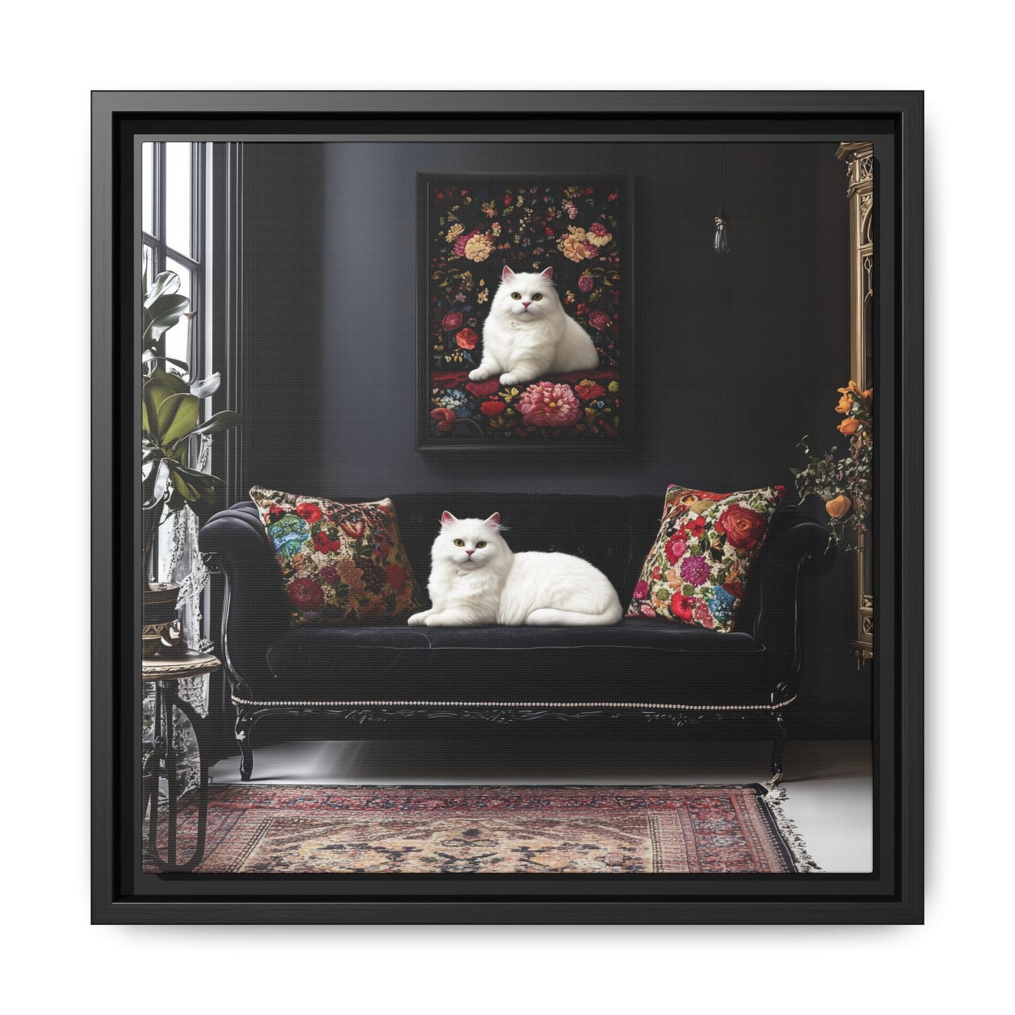 White Persian "House Cat" Portrait Matte Canvas Framed | Floral Still Life Wall Art