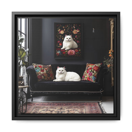 White Persian "House Cat" Portrait Matte Canvas Framed | Floral Still Life Wall Art