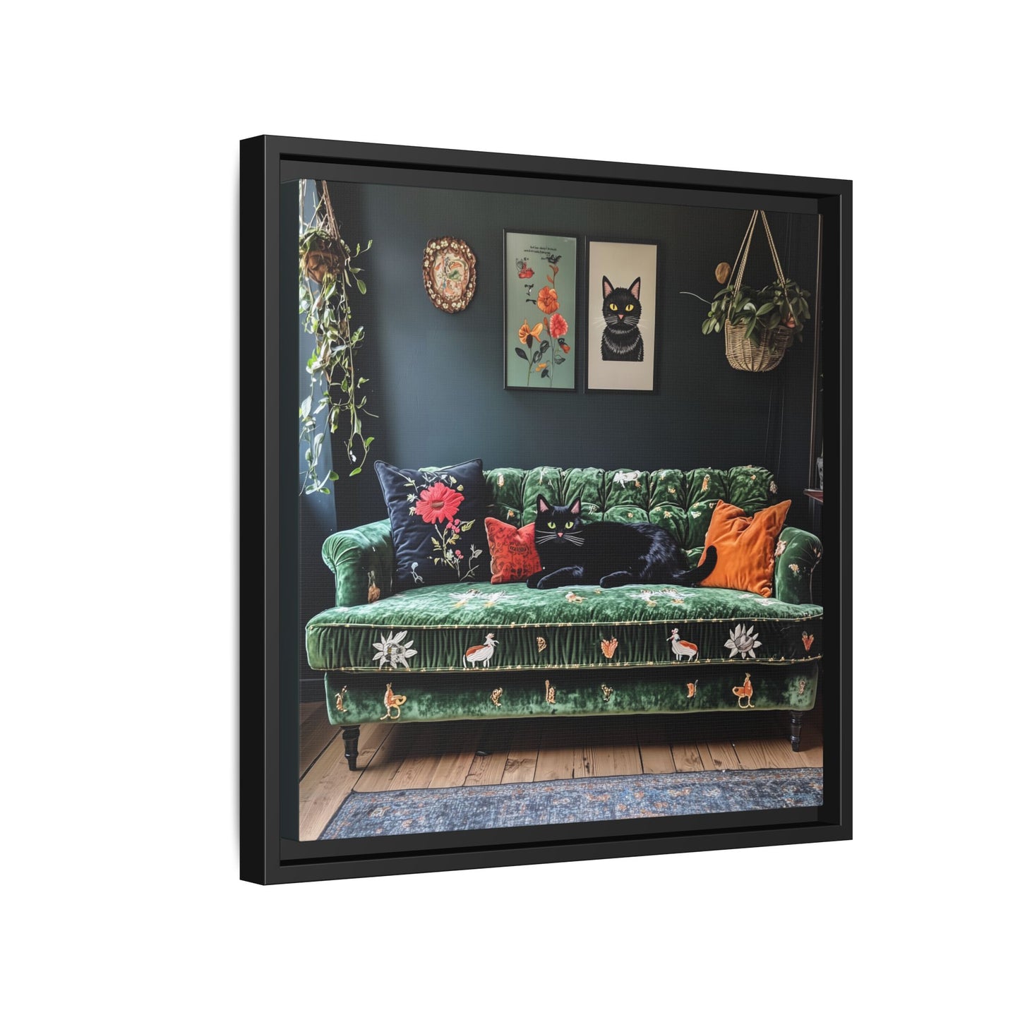 Black "House Cat" Living Room Art Matte Canvas Framed, Green Sofa Boho