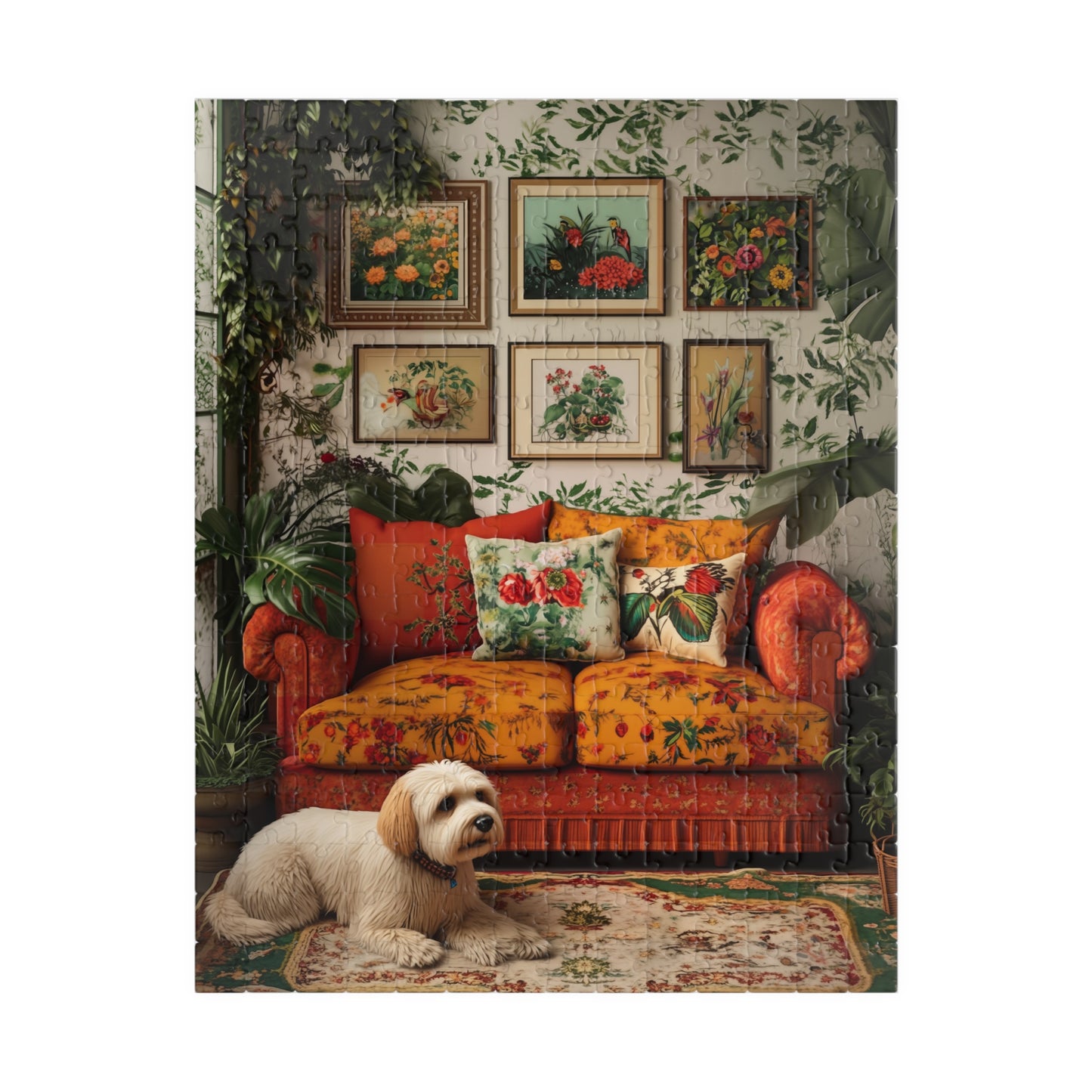 Doodle Cozy Vintage Living Room Puzzle 520 Piece | Floral Sofa Dog Illustration