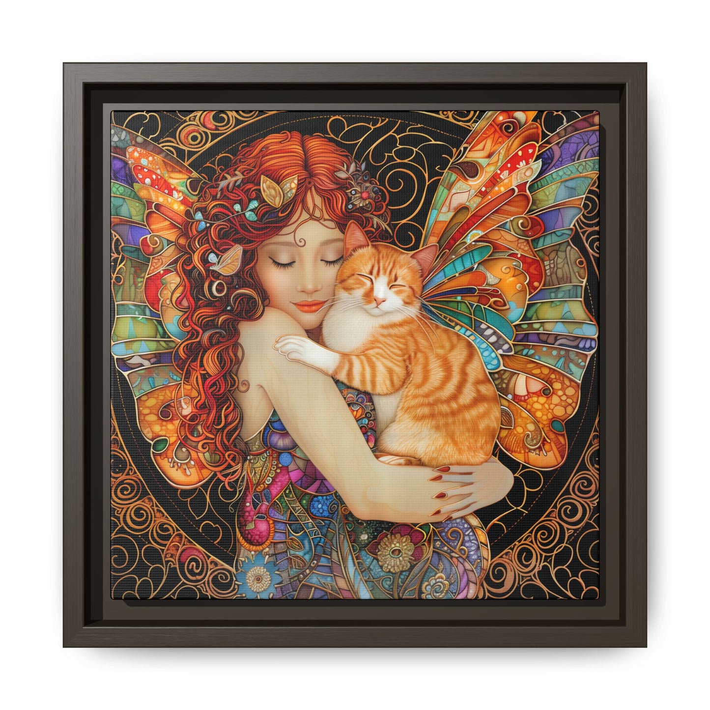 Framed "Tabby"  Fantasy Canvas Art Print - Whimsical Wall Decor, Fairy and Cat Illustration, Magical Gift for Cat Lovers