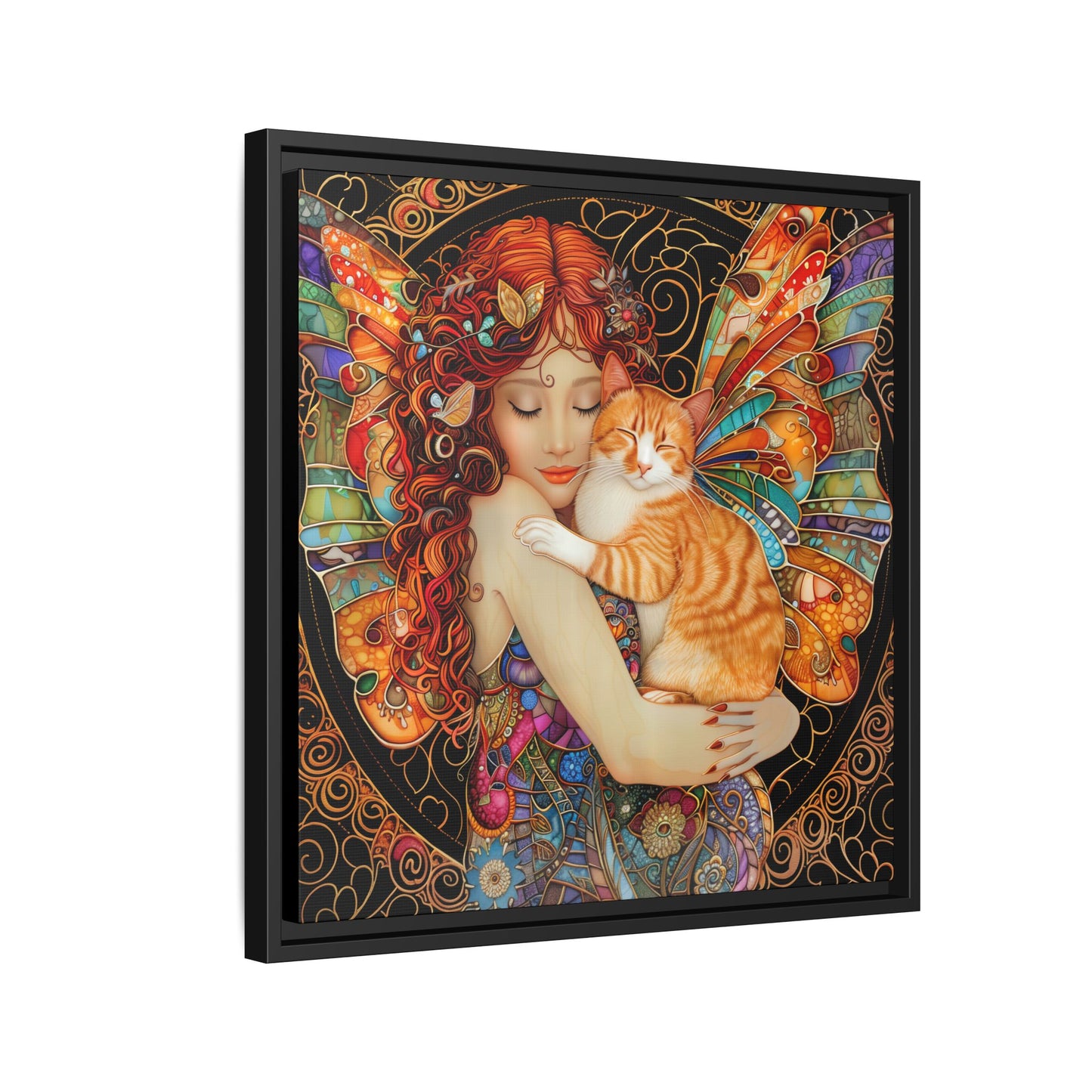 Framed "Tabby"  Fantasy Canvas Art Print - Whimsical Wall Decor, Fairy and Cat Illustration, Magical Gift for Cat Lovers