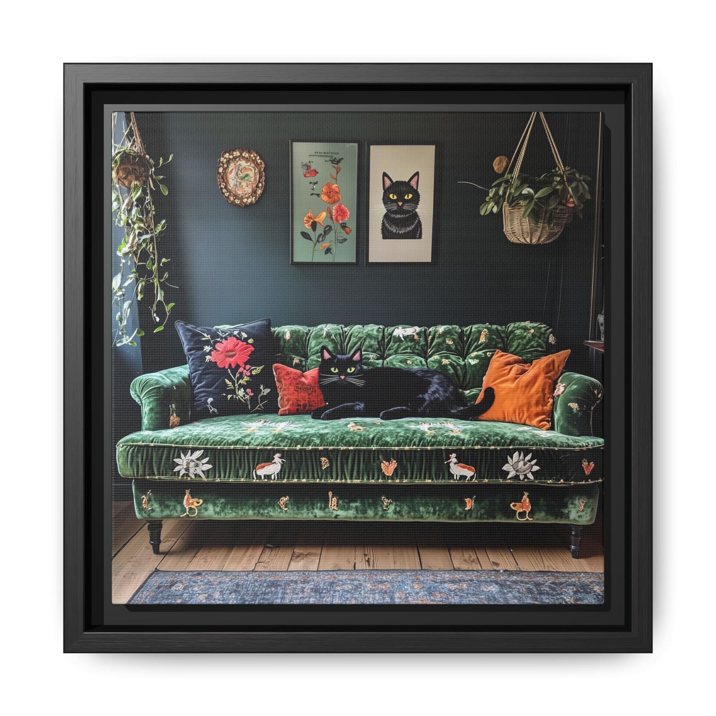 Black "House Cat" Living Room Art Matte Canvas Framed, Green Sofa Boho